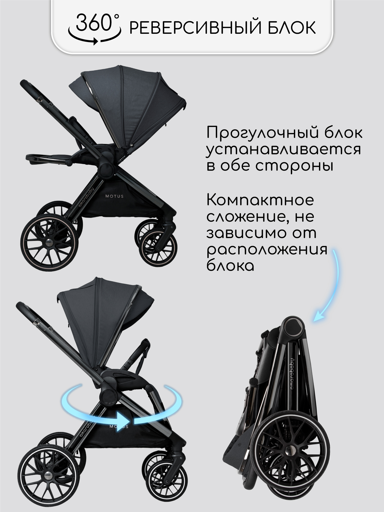 Коляска 2в1 Amarobaby Motus V2 серый - фото 3
