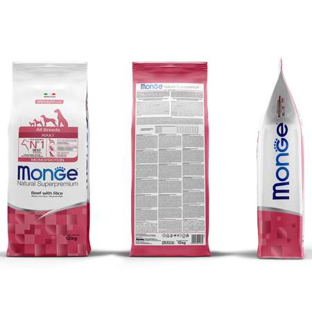 Корм для собак MONGE Dog Monoprotein для всех пород говядина с рисом сухой 12кг