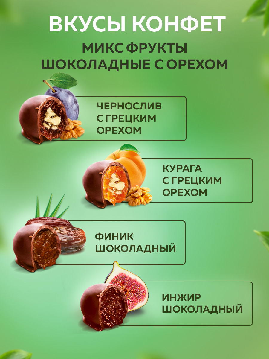 Конфеты сухофрукты в глазури Кремлина Чернослив и Курага с грецким орехом Инжир Финик пакет 1 кг - фото 2