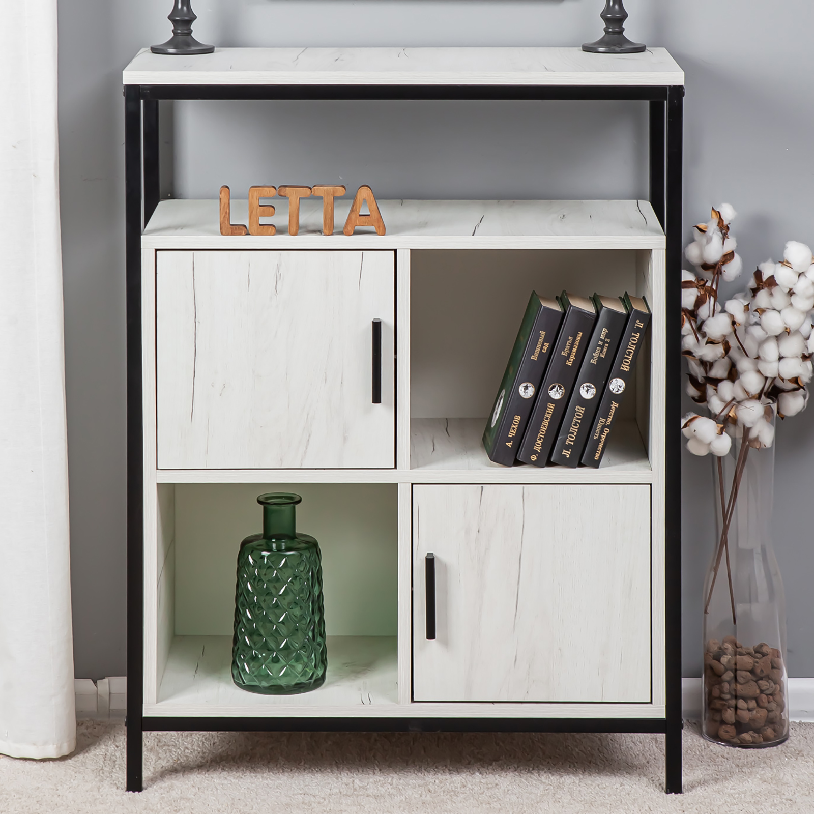 Комод стеллаж LETTA Frame Цвет Дуб Крафт Белый Черный металл 700х910х300 - фото 1