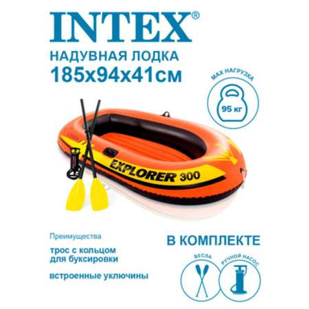 Надувная лодка INTEX EXPLORER 200 185х94х41см с веслами и насосом 58331NP