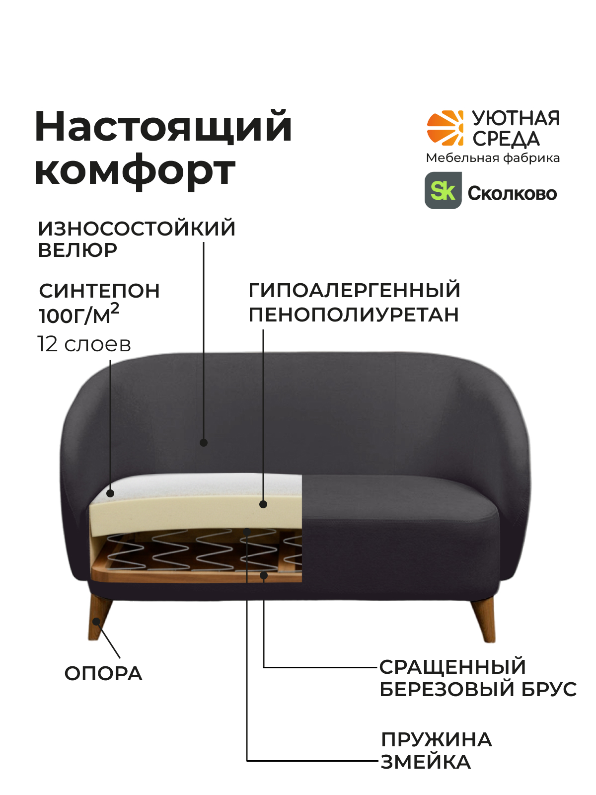 Диван Уютная среда графитовый велюр черный - фото 8
