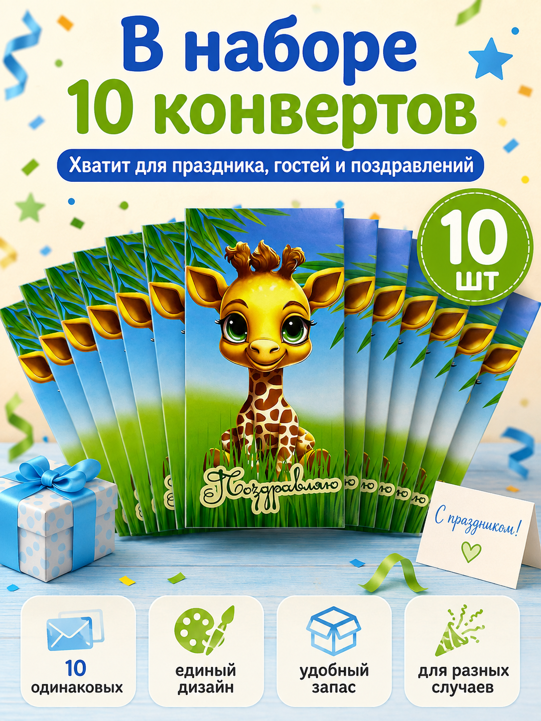 Конверты для денег детские Филькина Грамота Поздравляю с жирафом 10 шт - фото 2