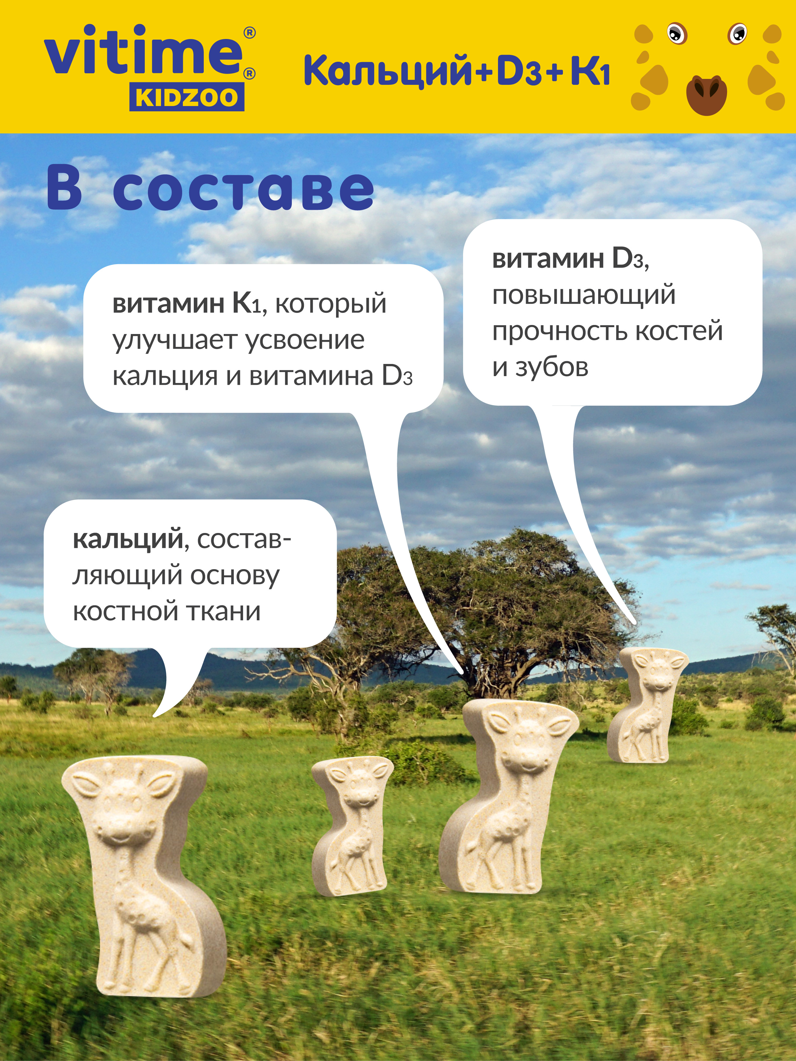 Витамины с кальцием для детей, 60 таб. Vitime Kidzoo Кальций + D3 + К1 - фото 4