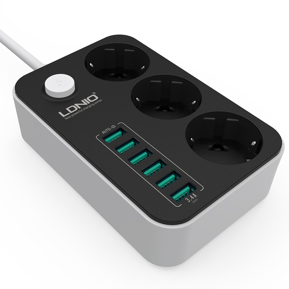 Сетевой удлинитель LDNIO SE3631 1.6м + ЗУ на 6×USB/ 3 розетки - 2500W / USB 17W / черный с серым - фото 1