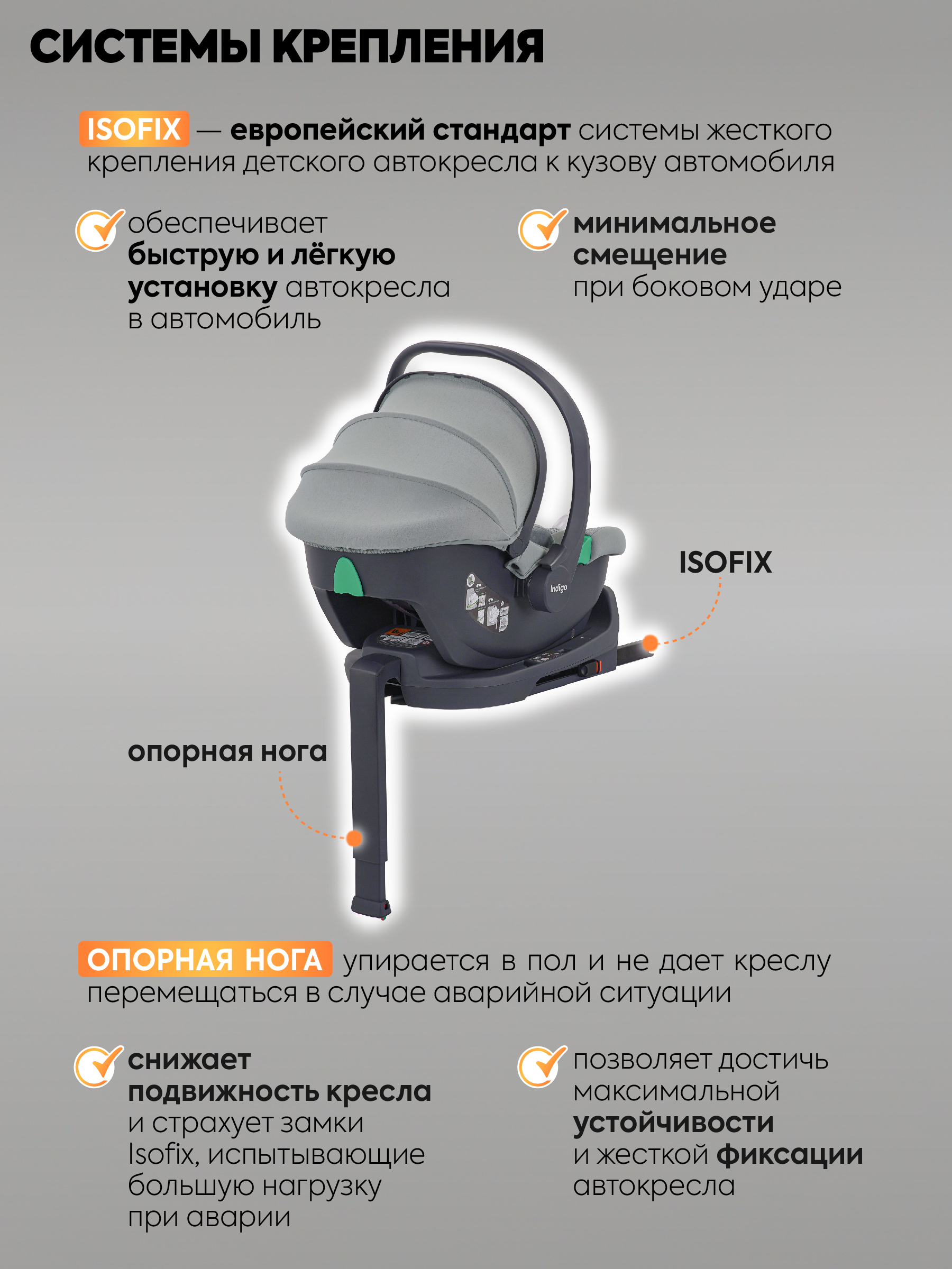 Автокресло Indigo Minky, с базой и опорной ногой 0 (0 -13 кг) серый - фото 12