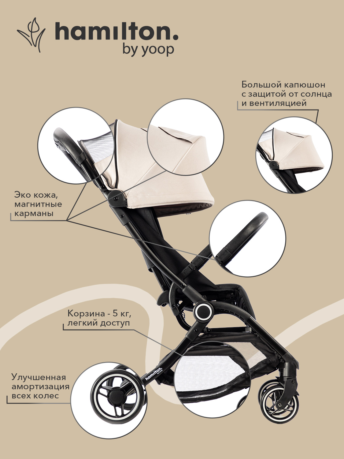 Коляска прогулочная Hamilton by Yoop S2 бежевый - фото 3