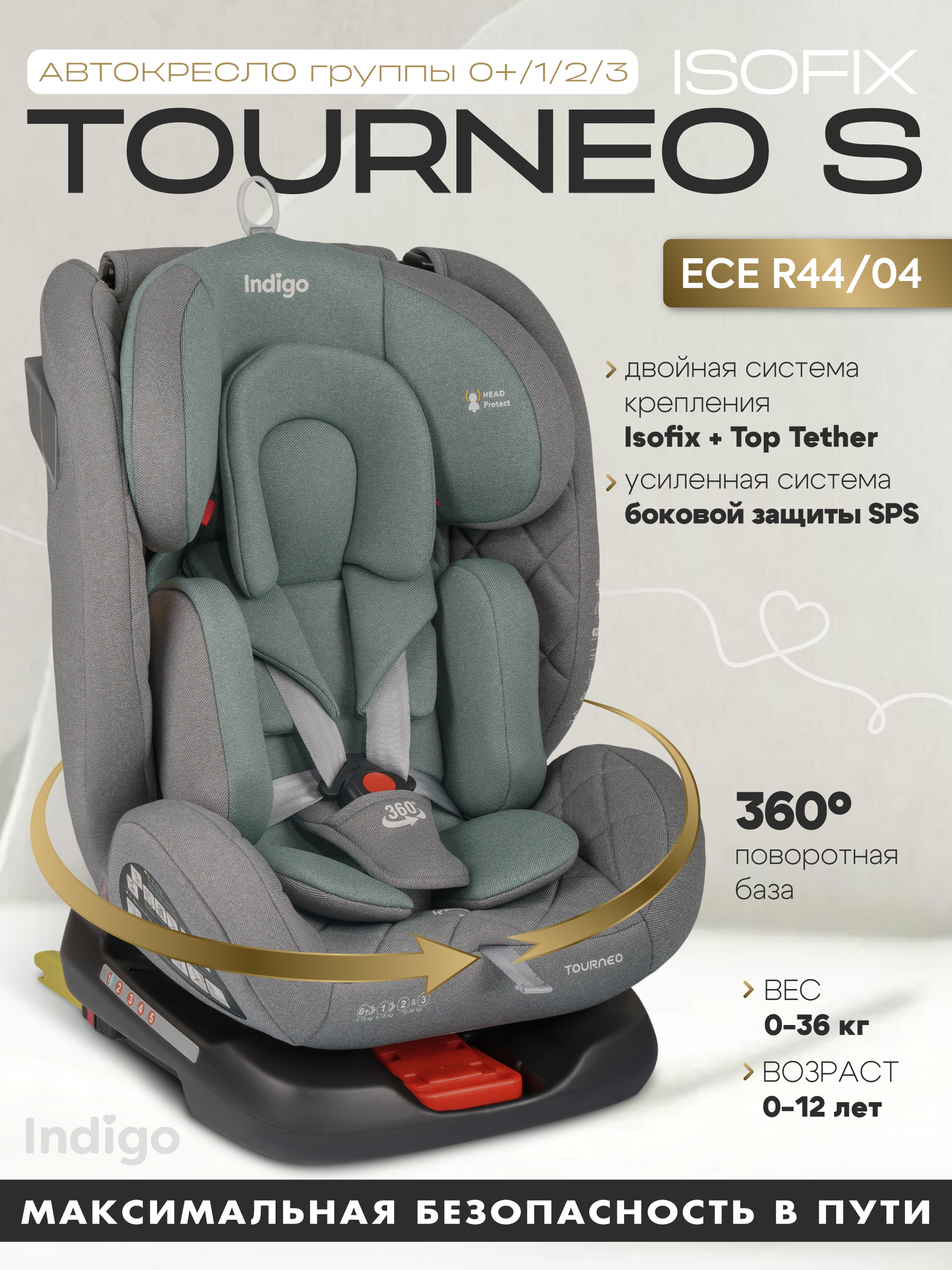 Автокресло Indigo Tourneo S серый-зеленый Isofix 0+/1/2/3 (0-36 кг) зеленый - фото 2