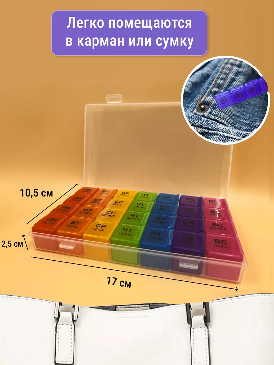 Таблетница на неделю AXLER 4 приема, бокс для лекарств контейнер для таблеток кейс органайзер для витаминов - фото 4