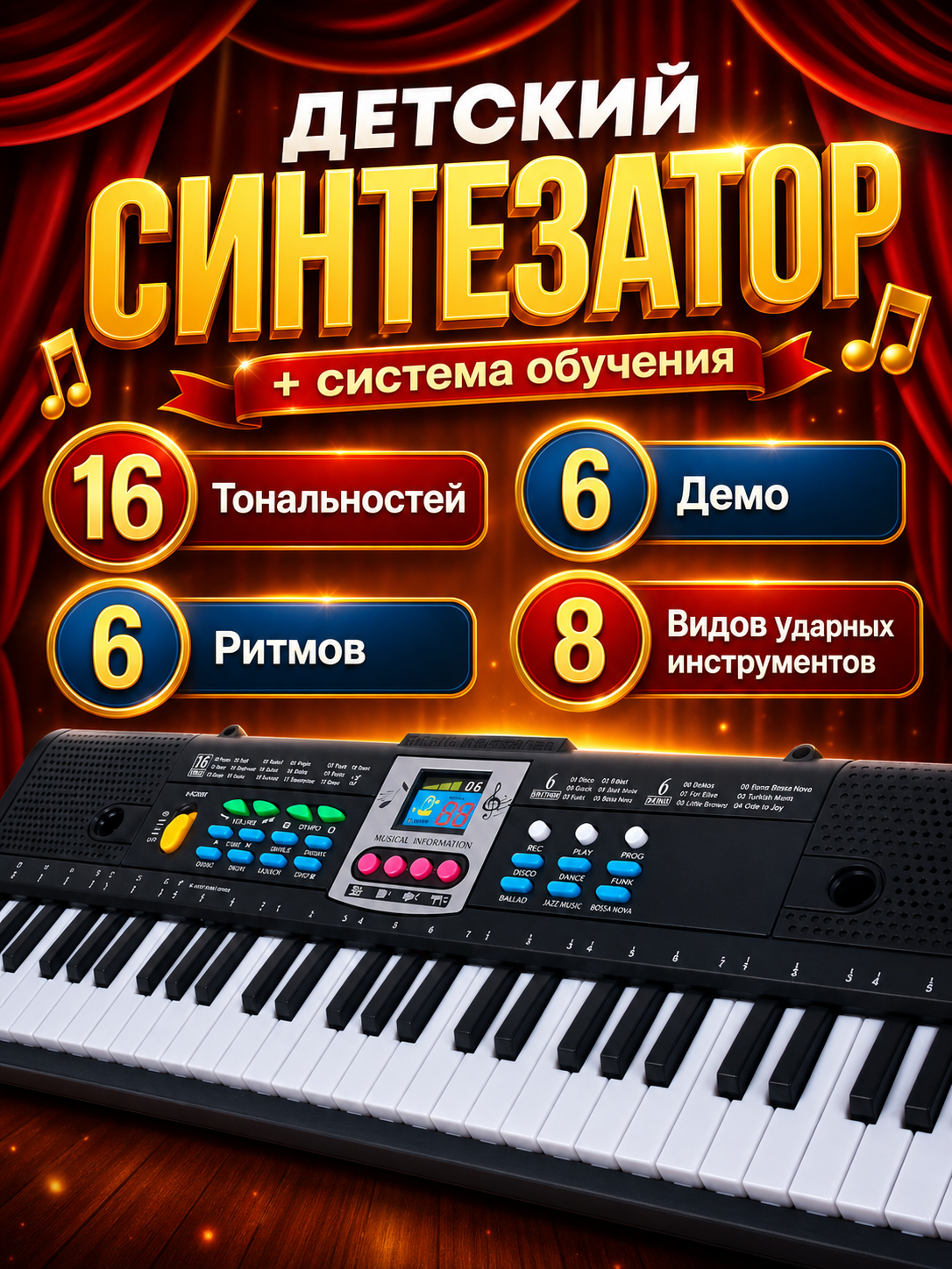Игрушка музыкальная BelliniToys 61 клавиша Детское развивающее пианино, синтезатор - фото 2