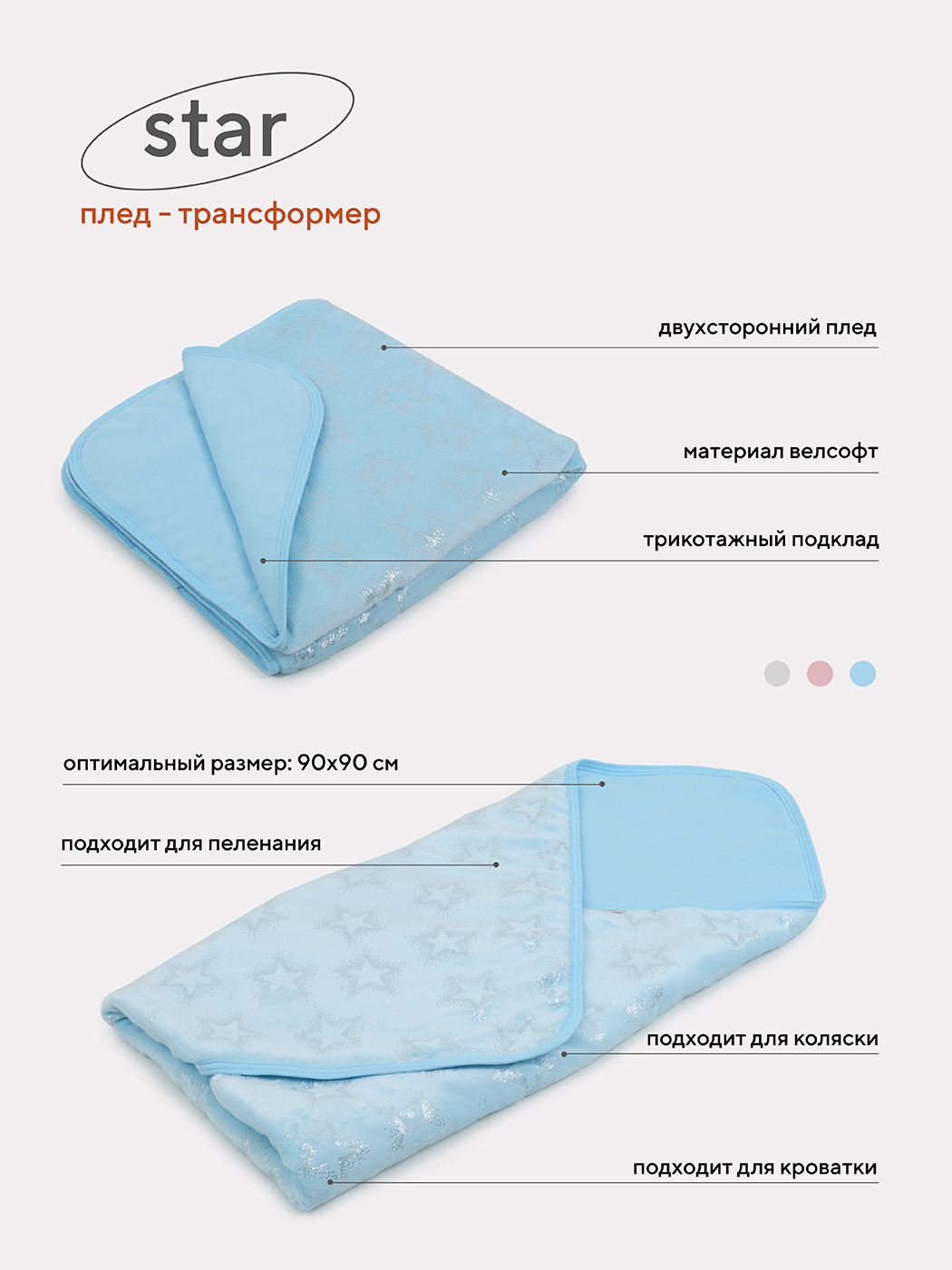 Плед TOPOTUSHKI STAR 90х90 интерлок велсофт 17/11 голубой - фото 1