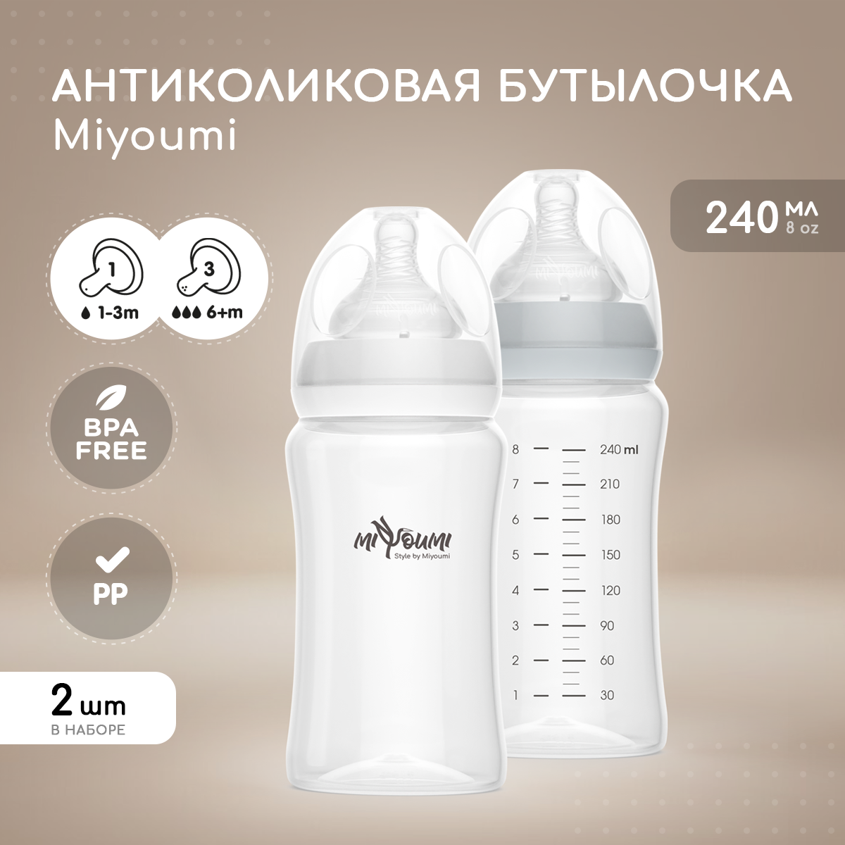 Бутылочка Miyoumi Anti-Colic 240 мл 2 шт. - фото 1