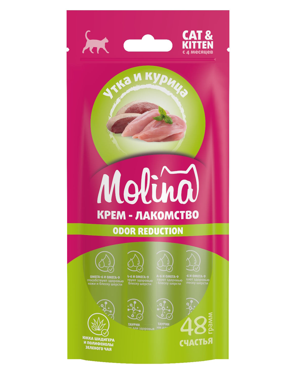 Крем-лакомство для кошек Molina 48г с уткой и курицей снижение запаха стула - фото 1