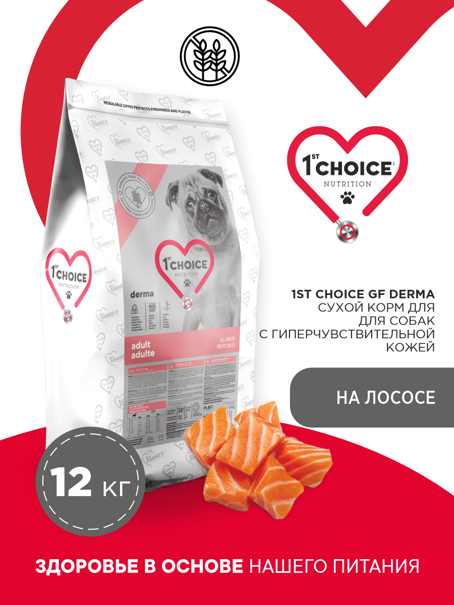 Корм сухой 1st Choice Grain Free Derma для гиперчувствительной кожи для собак на лососе 12кг - фото 1