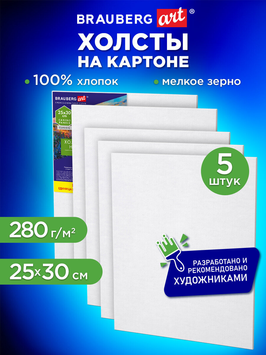 Холст для рисования на картоне Brauberg маленький 25x30 см набор 5 штук - фото 1