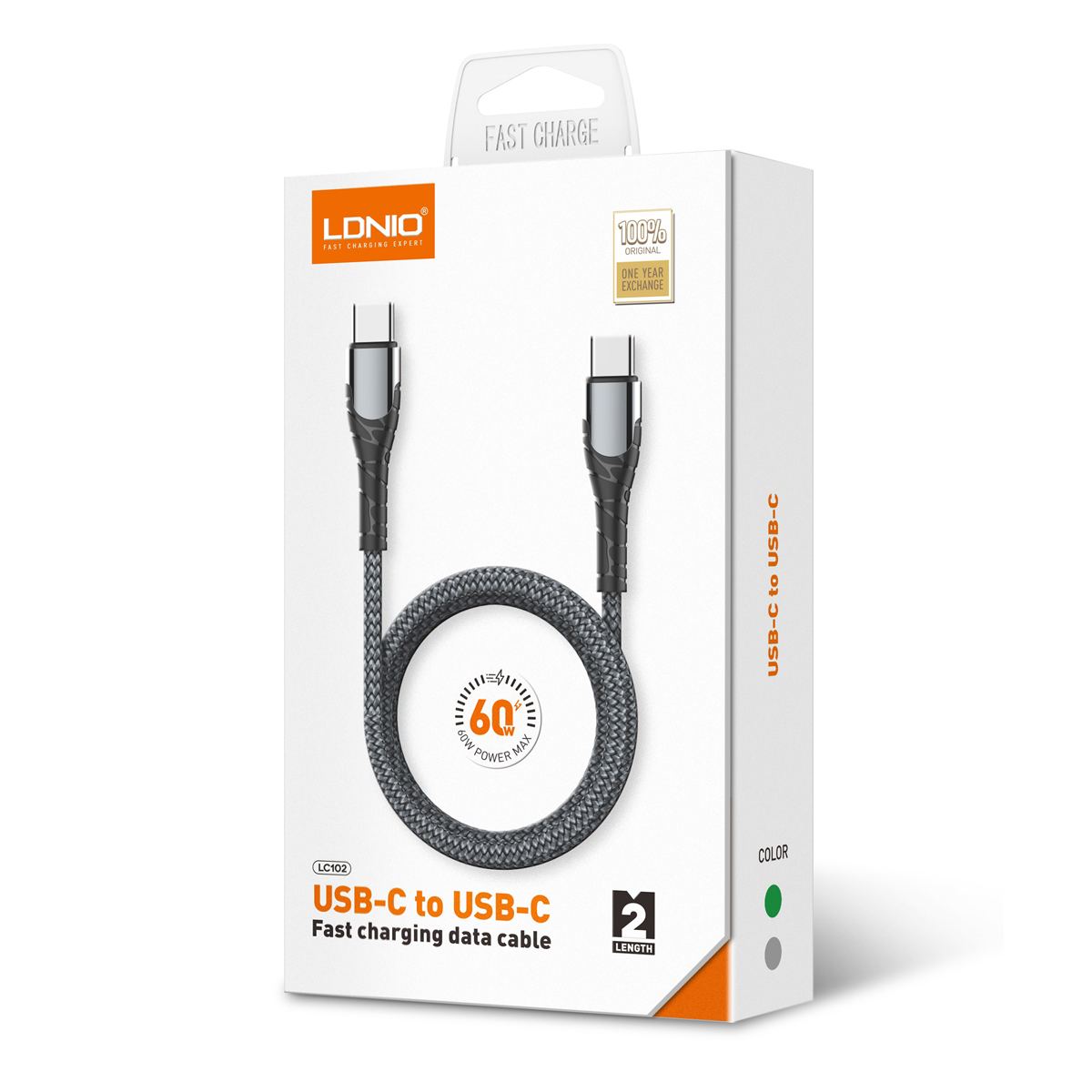 Кабель USB PD: Type-C-Type-C LDNIO LC102 2м / 60W / медь 176 жил / нейлоновая оплетка / серый - фото 1
