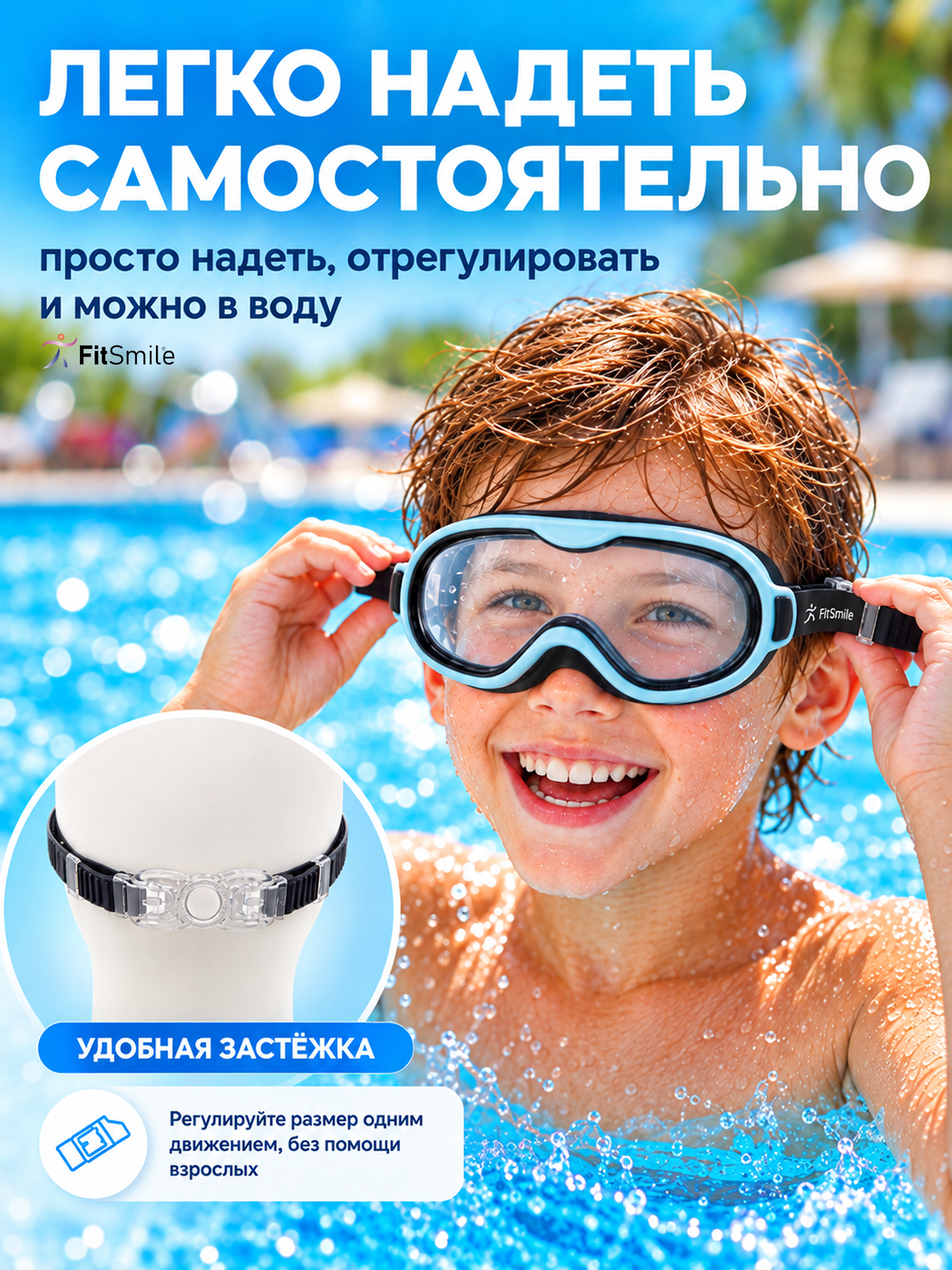 Детские очки для плавания FitSmile полумаска черно-голубая - фото 9