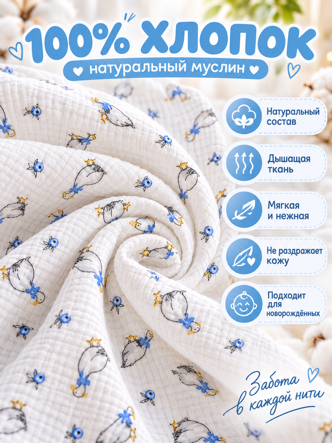 Пелёнка Loo-Loo гуси муслин 100х135 см 1 шт. - фото 5
