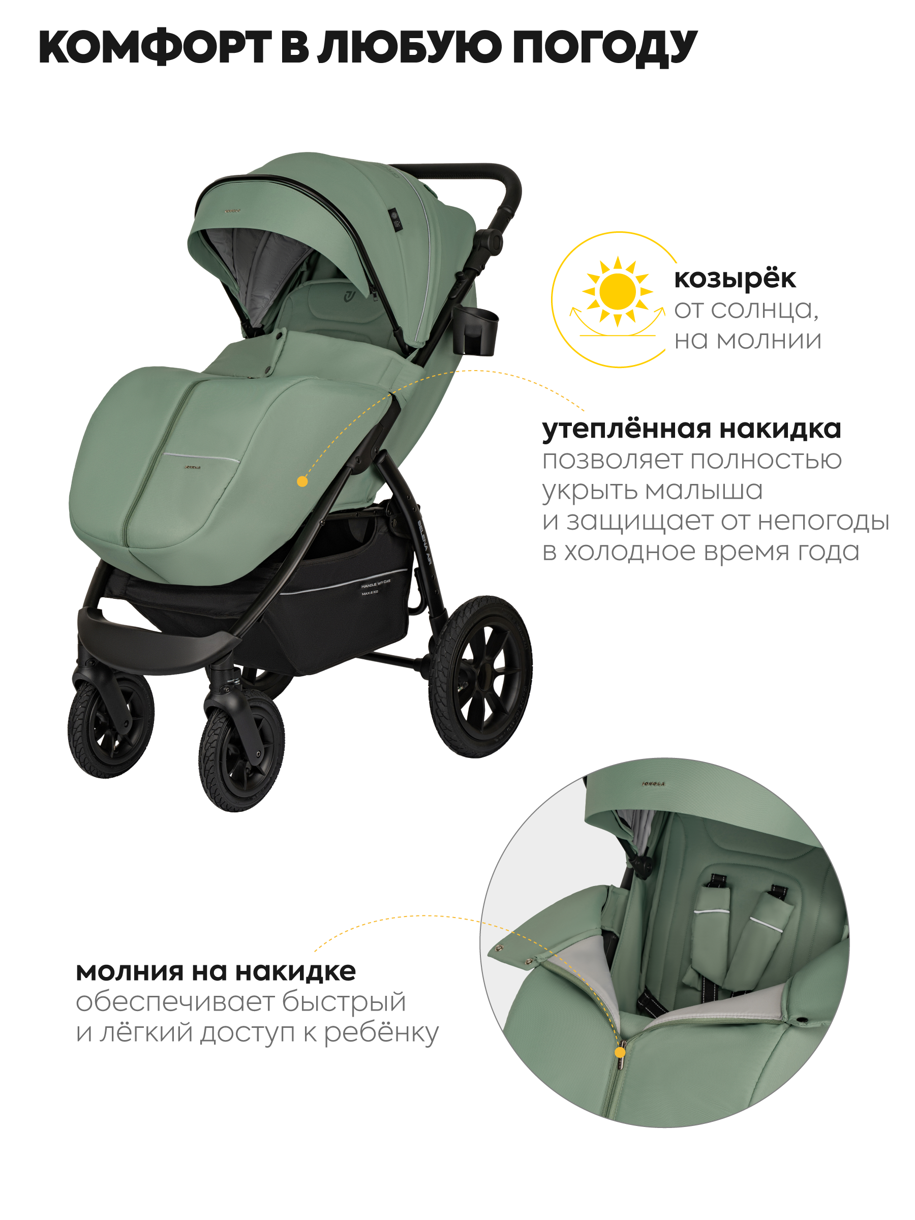 Коляска прогулочная JOVOLA SELENA Air 2025 с сумкой зеленый - фото 3