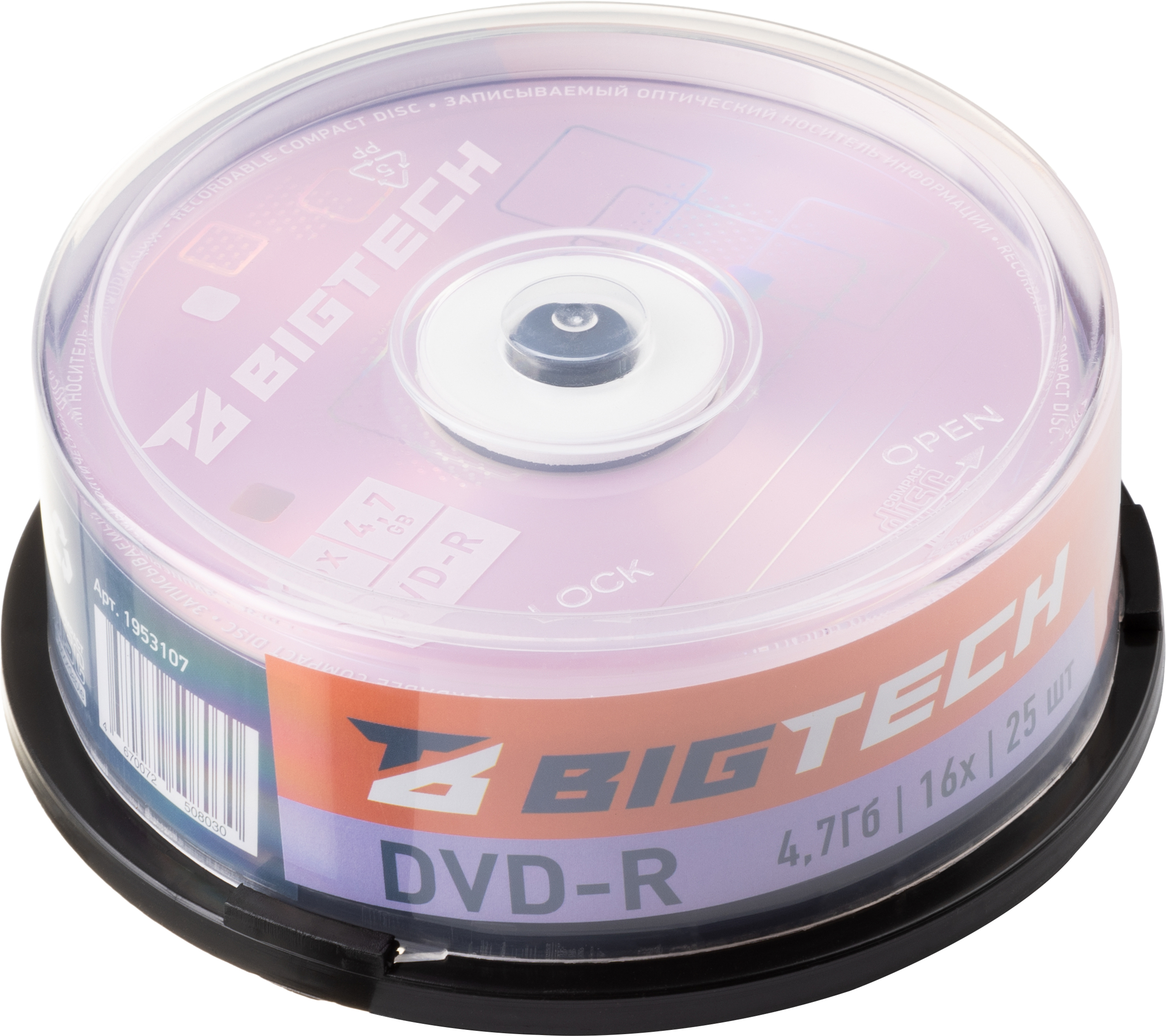 Носители информации Bigtech YDVDRB003 DVD-R 4,7 Гб/16x/25шт/уп cake box - фото 1