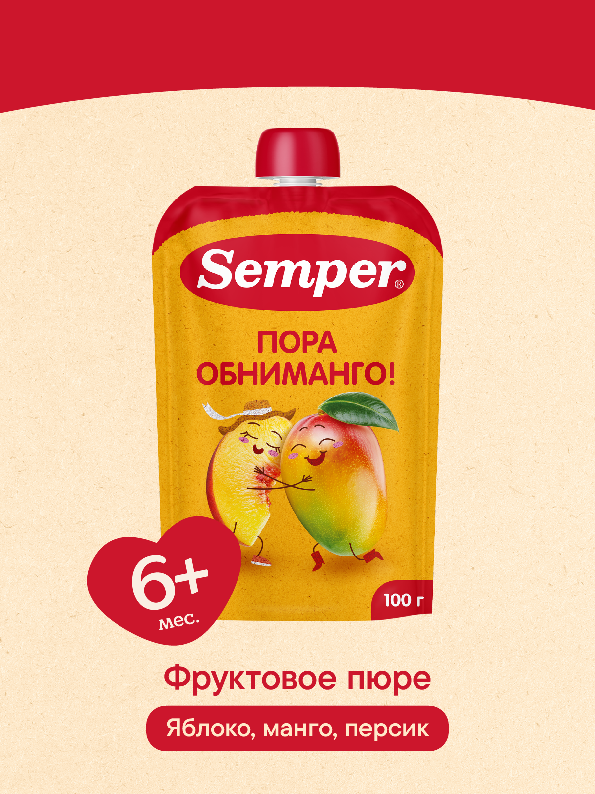 Изображение товара Детское фруктовое пюре Semper Яблоко-манго-персик 100 г