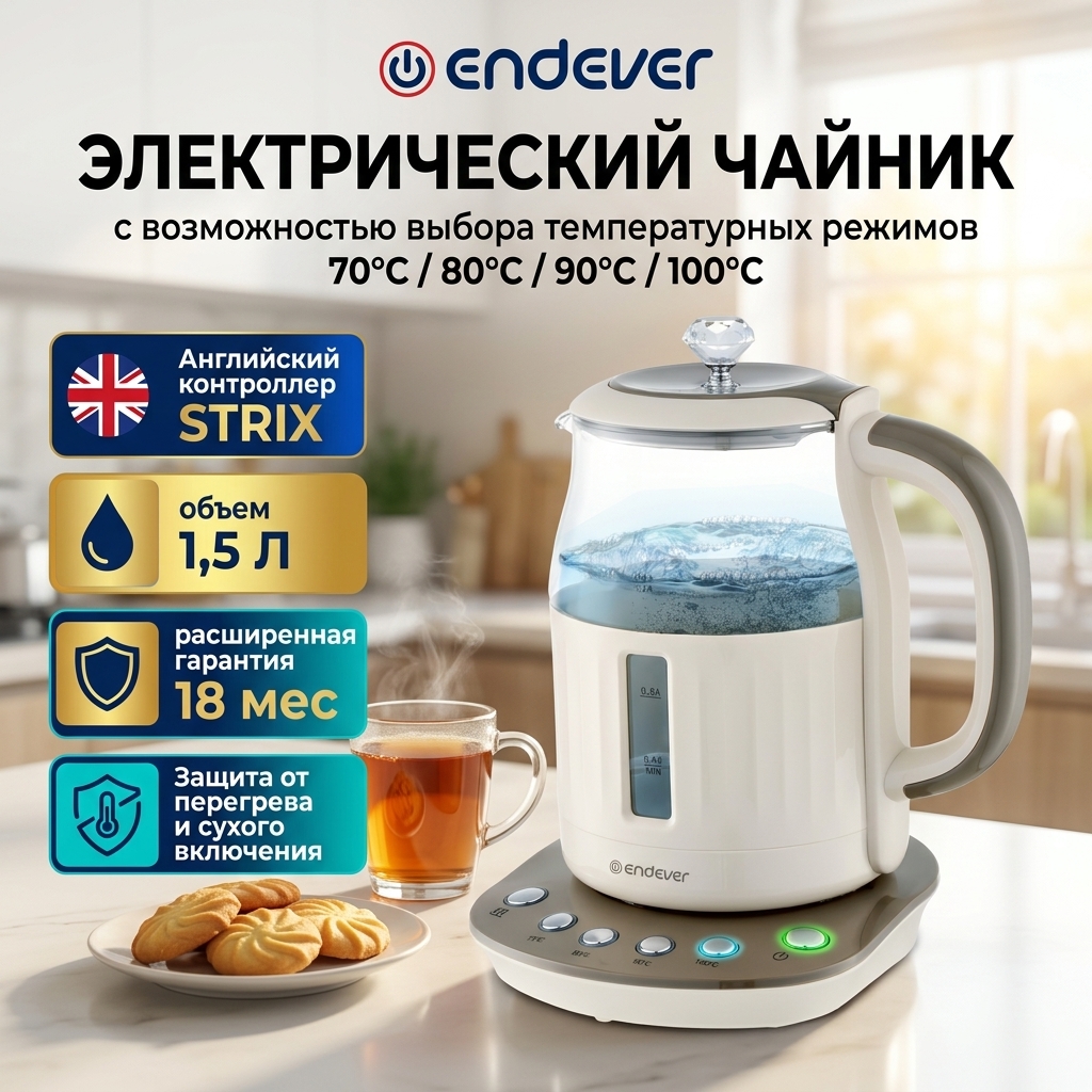 Изображение товара Электрический чайник ENDEVER SkyLine KR-365G с регулировкой температуры и функцией поддержания Изображение товара Электрический чайник ENDEVER SkyLine KR-365G с регулировкой температуры и функцией поддержания