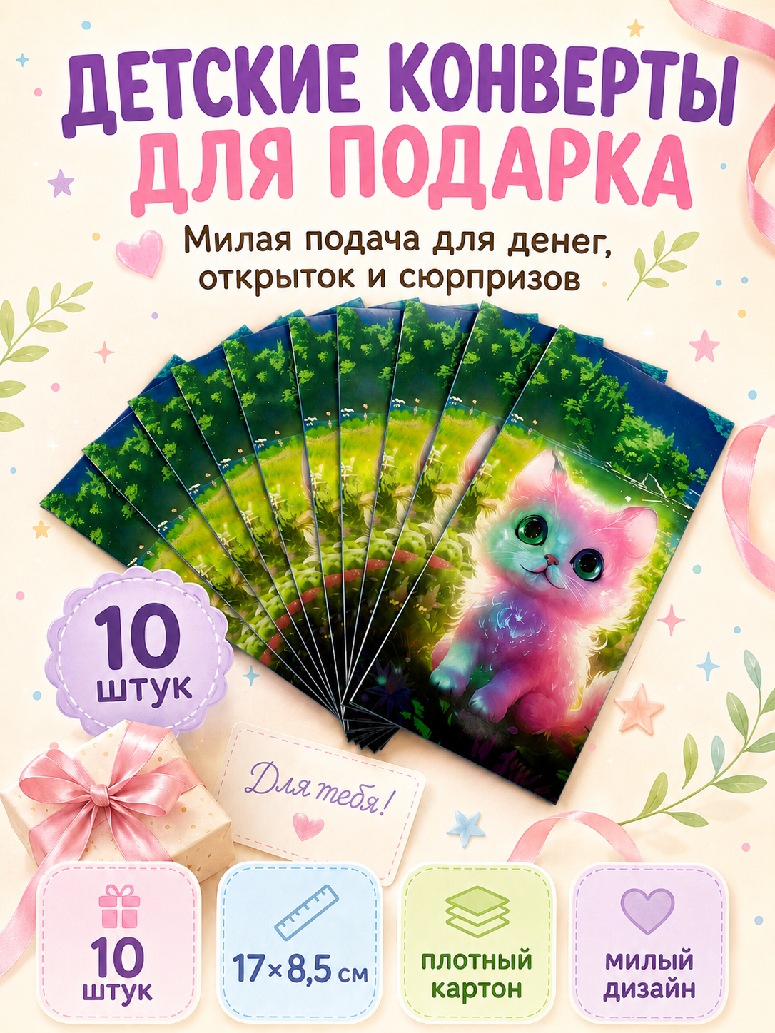 Конверты для денег детские Филькина Грамота с разноцветным котёнком 10 шт. - фото 7
