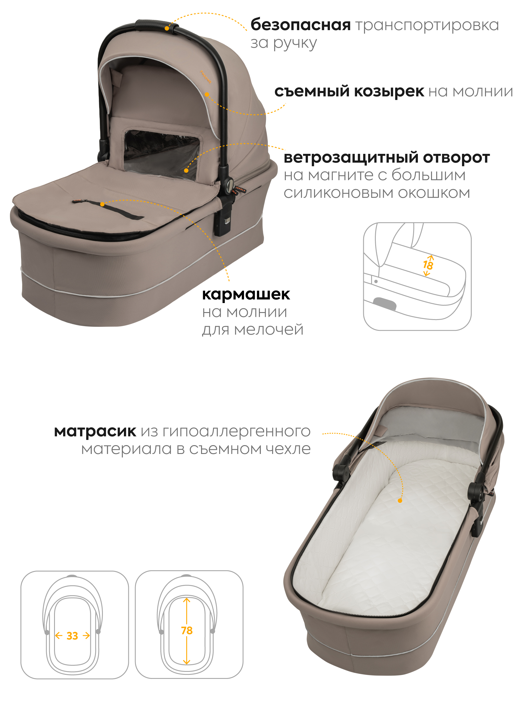 Коляска 3в1 JOVOLA Pepper 3в1, бежевый - фото 4