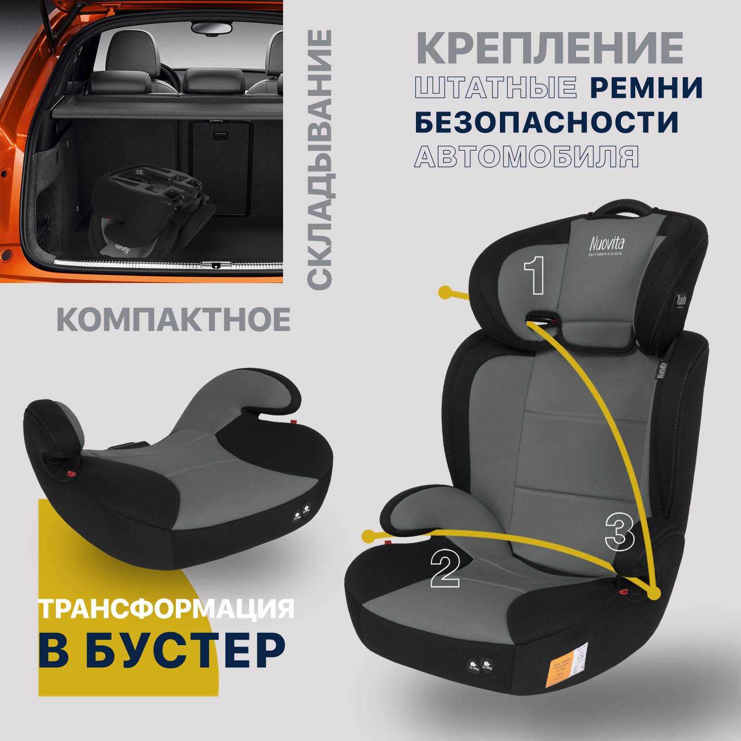 Автокресло Nuovita Maczione N23-1 2/3 (15-36 кг) серый - фото 5