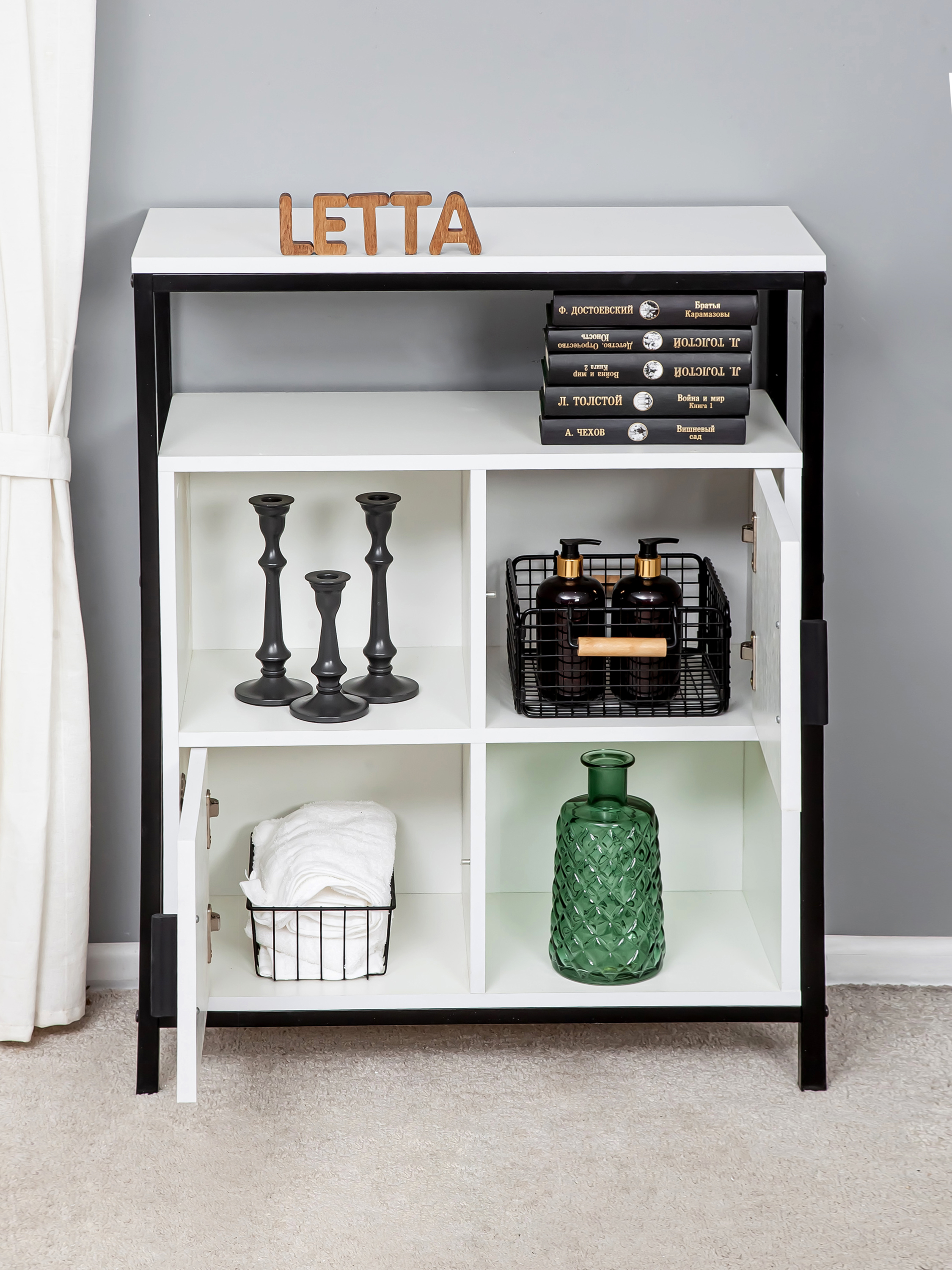 Шкаф стеллаж LETTA Frame Белое тиснение Черный металл 700х910(h)х300 - фото 2