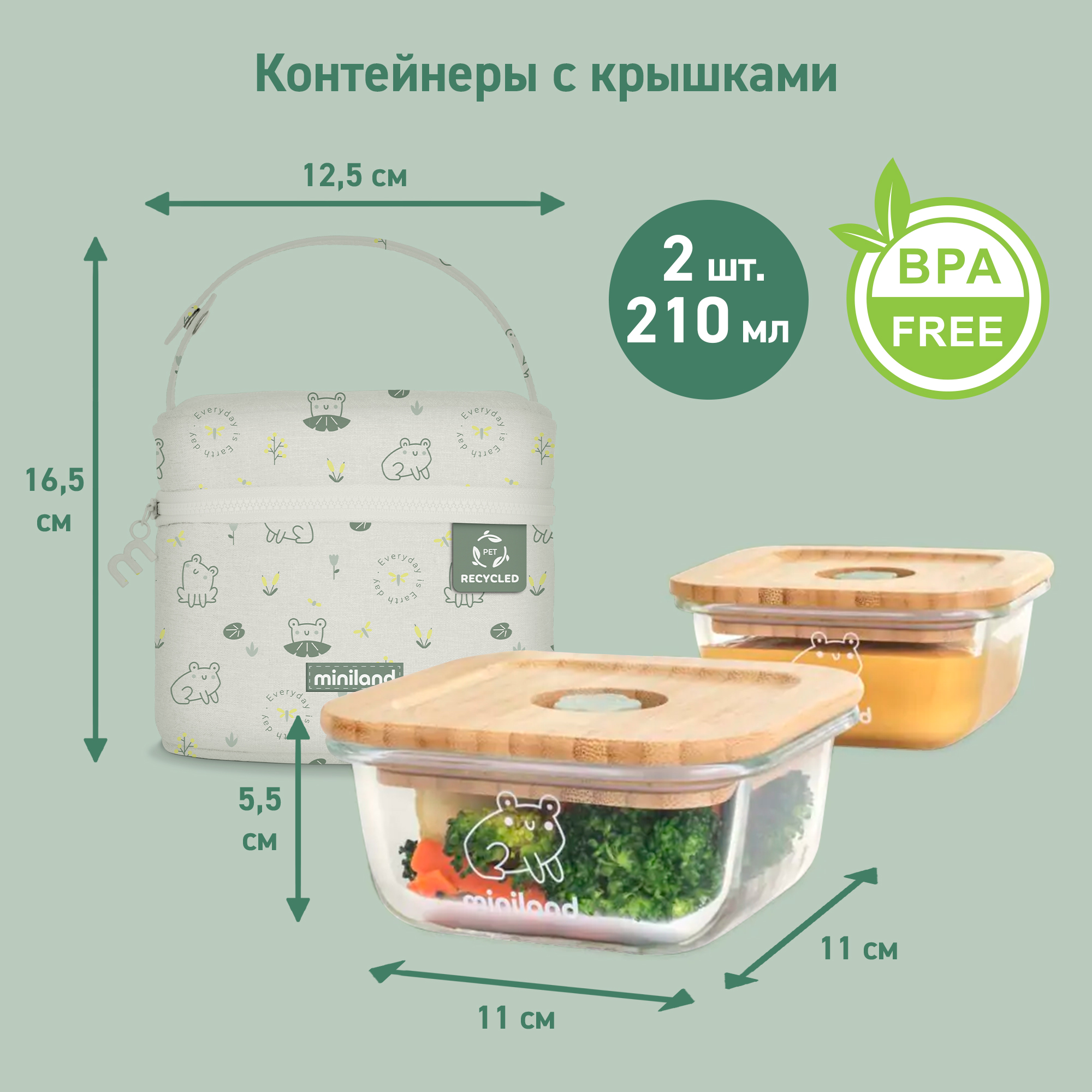 Термосумка с контейнерами Miniland Pack-2-Go Ecosquare лягушки - фото 8