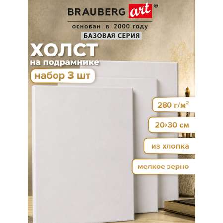Холст для рисования Brauberg на подрамнике 20х30 см грунтованный 100% хлопок набор 3 штуки
