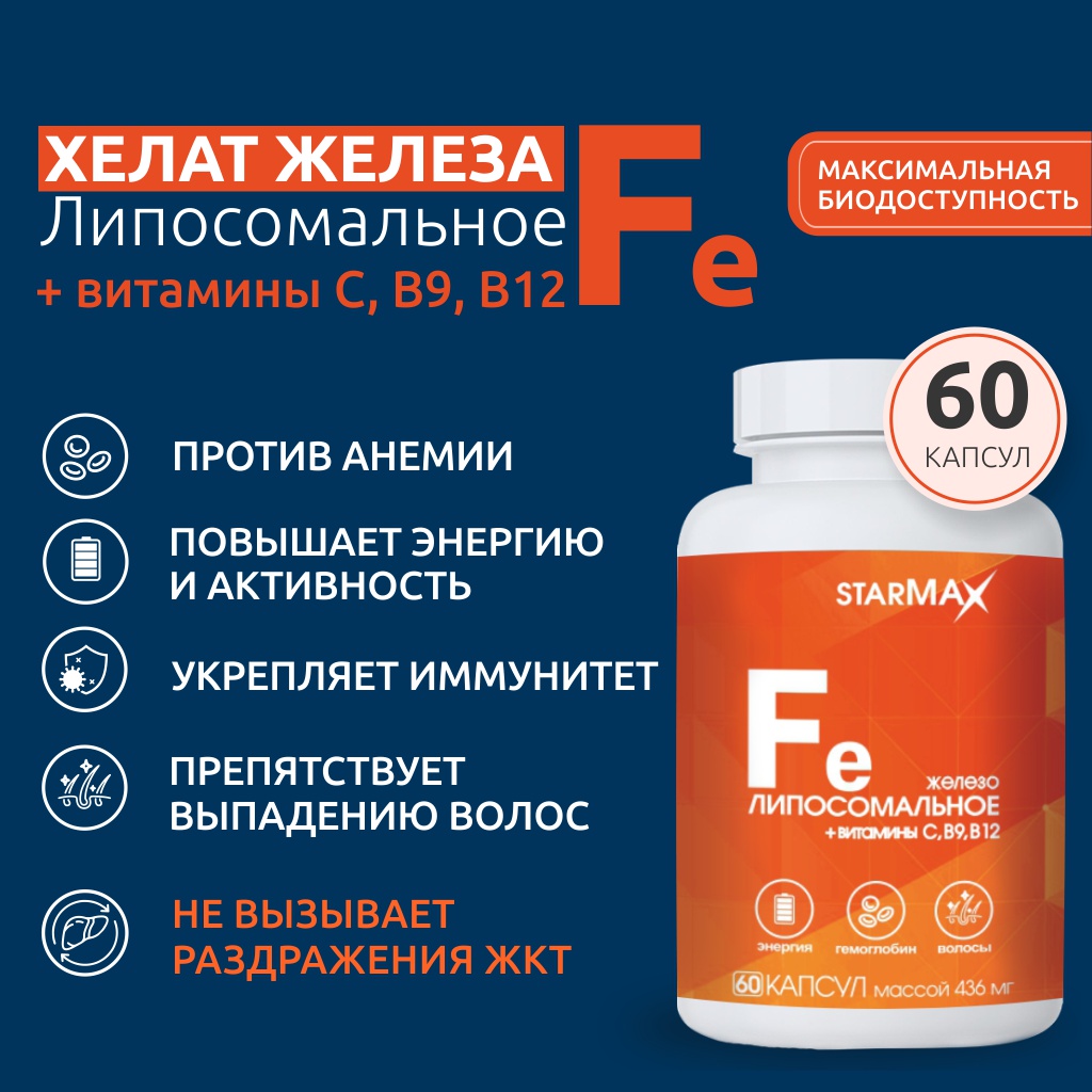 БАД VECTOR-MEDICA Железо липосомальное + Витамины С, В9, В12 436 мг №60 капс. - фото 1