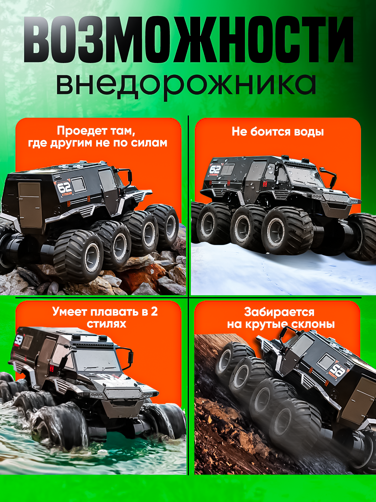 Внедорожник РУ ToviWish Шаман 8*8 водонепроницаемый 1:16 - фото 2