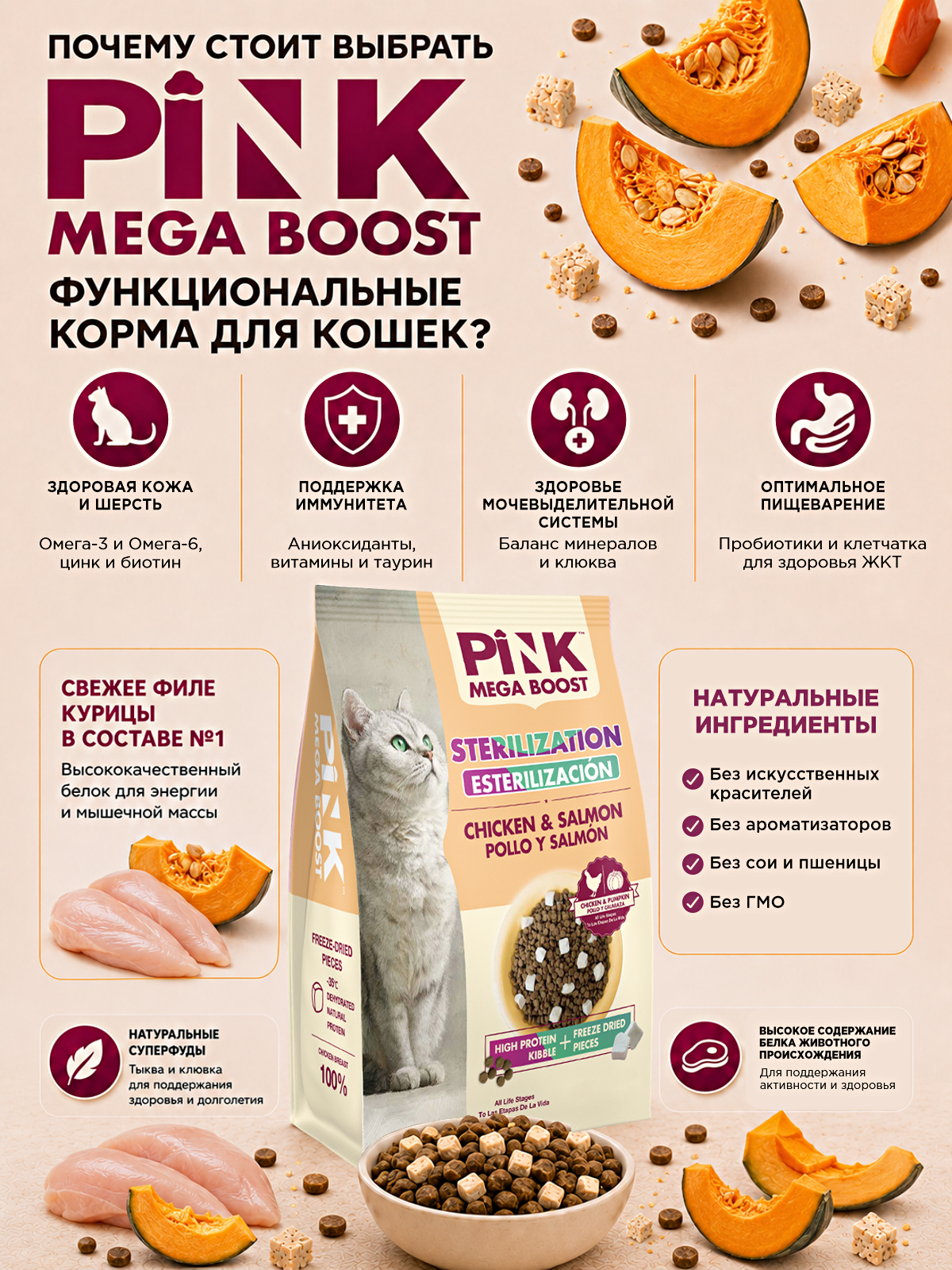 Сухой корм для стерилизованных кошек PINK MEGA BOOST Курица с лососем с сублимированным мясом 1.8 кг - фото 3