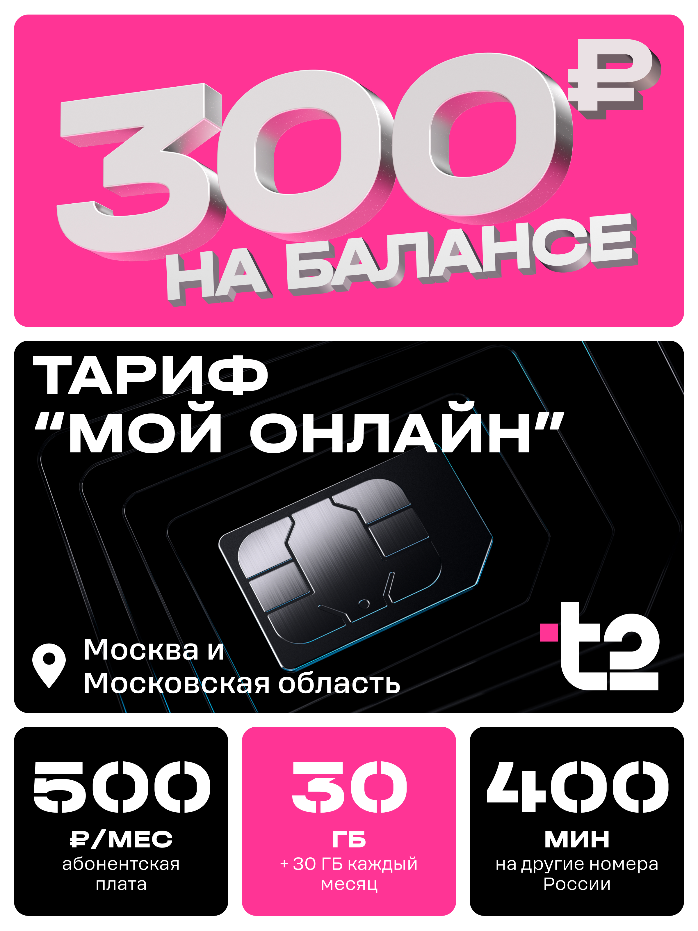 Сим-карта t2, тариф "Мой онлайн", баланс - 300 рублей - фото 1