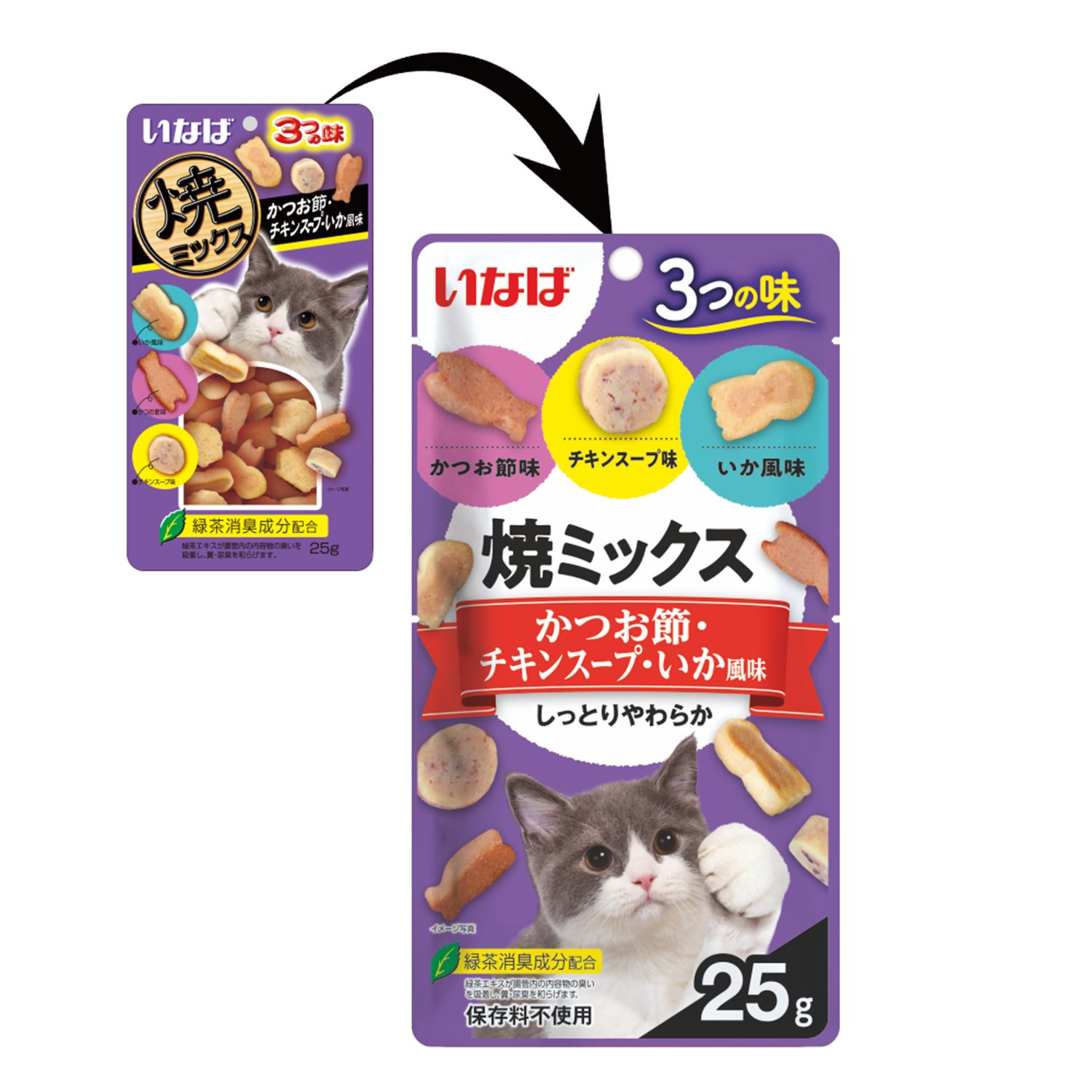 Лакомство для кошек INABA Yaki Miksu 25г кацуобуси куриный бульон и кальмар запеченый - фото 2
