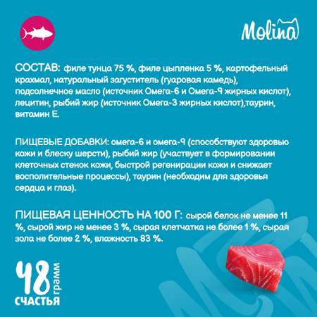 Крем-лакомство для кошек Molina 48г с тунцом здоровая кожа и шерсть