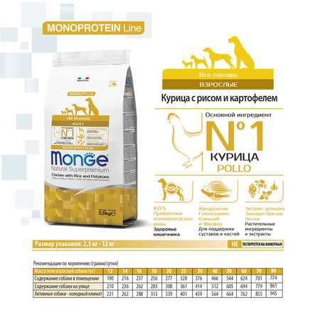 Корм для собак MONGE Dog Monoprotein всех пород курица с рисом и картофелем сухой 2.5кг