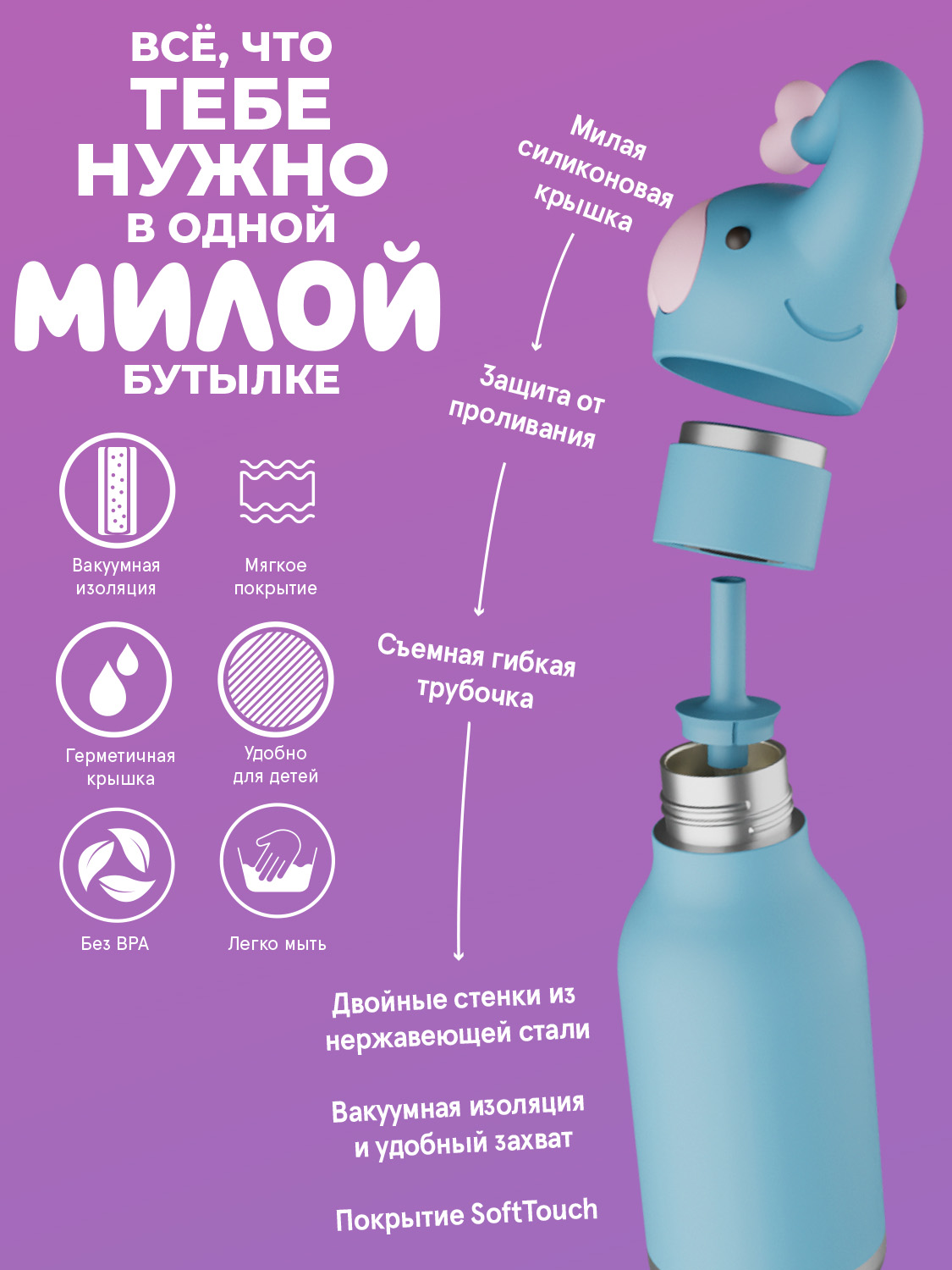 Термобутылка ASOBU Bestie Слон, 460 мл - фото 2