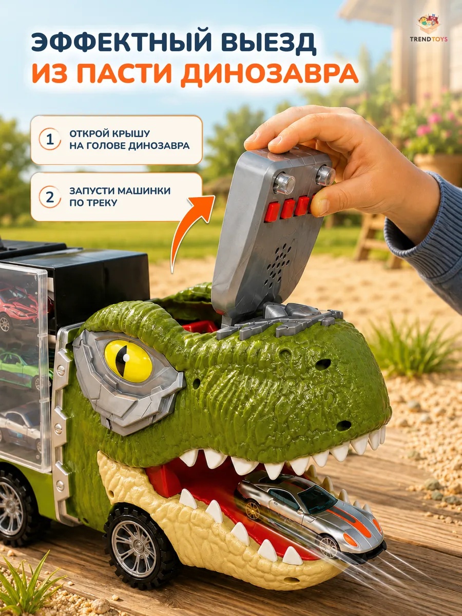 Фигурки динозавров и музыкальный автовоз с машинками 3в1 TrendToys DNT138 - фото 4