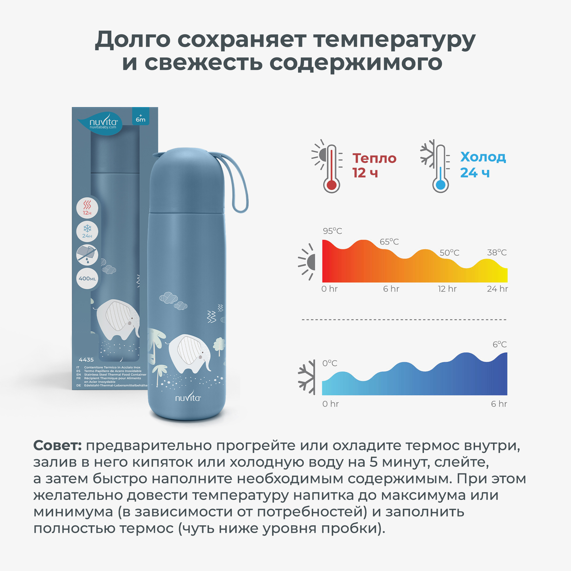 Термос детский для воды, чая, напитков Nuvita с кружкой и силиконовой ручкой 400 мл синий - фото 3