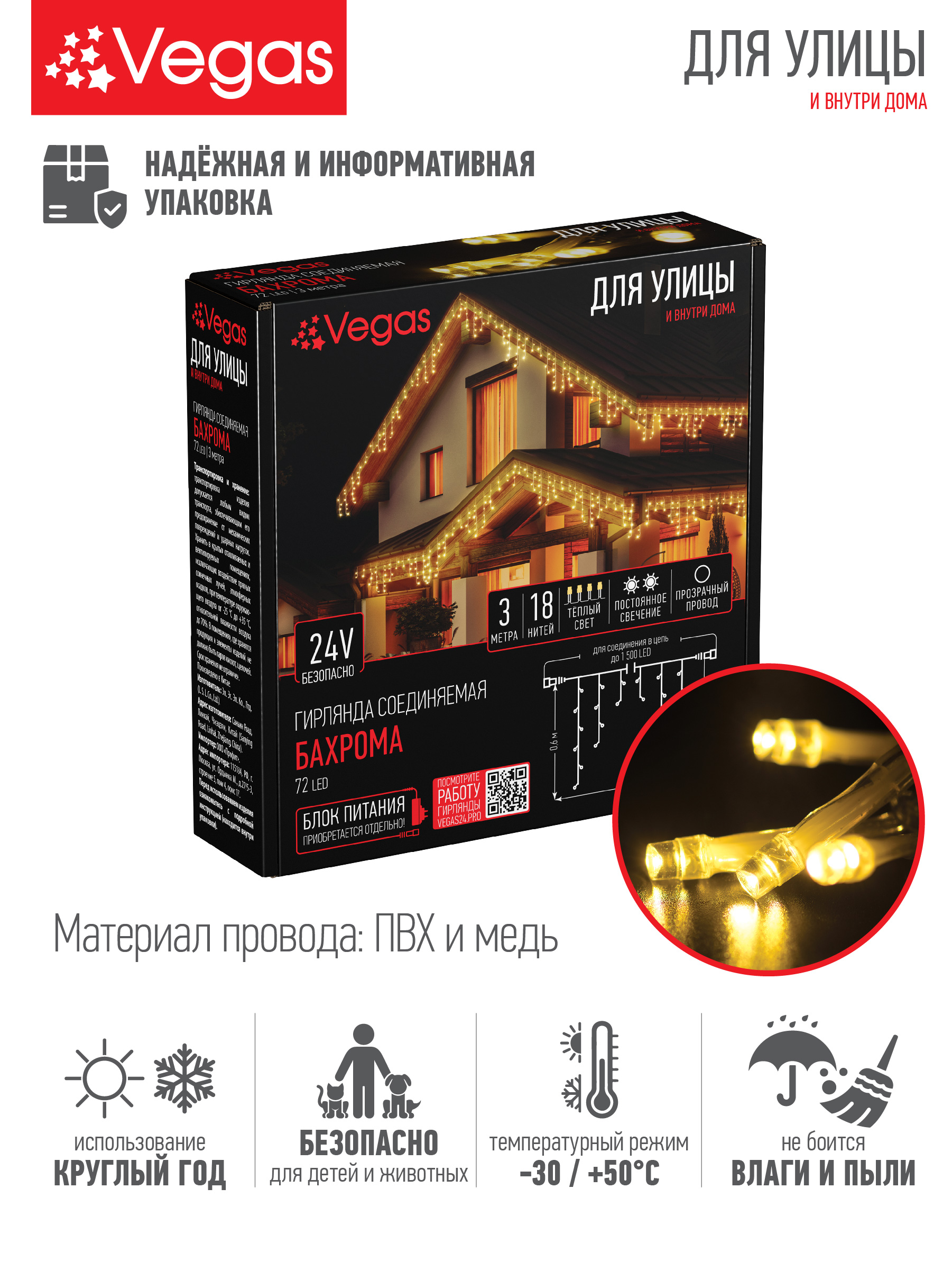 Электрогирлянда-конструктор Vegas 24V Бахрома 72 теплых LED ламп 18 нитей прозрачный провод - фото 2