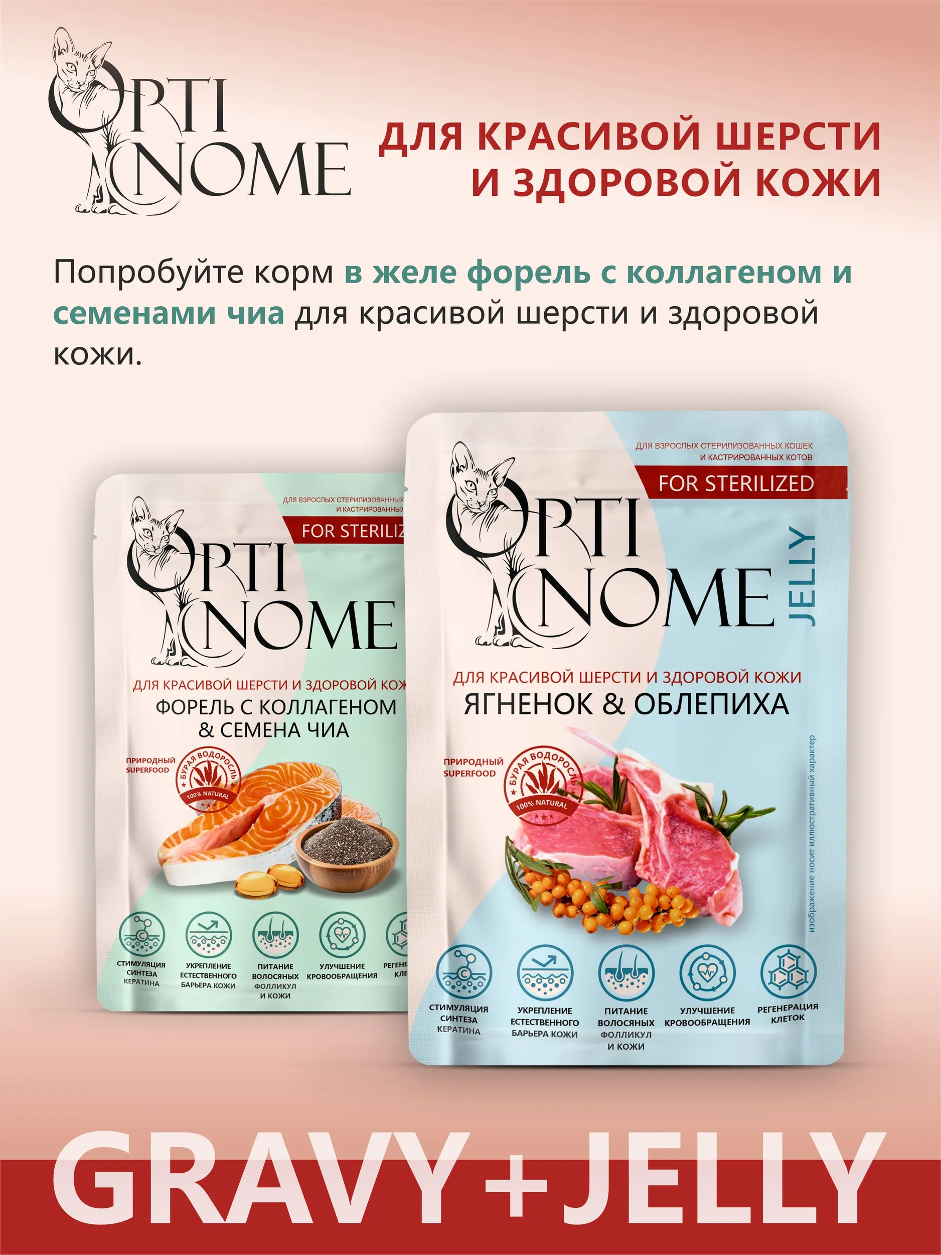 Корм влажный Optinom для стерилизованных кошек и кастрированных котов с форелью и семенами чиа 28шт. - фото 7