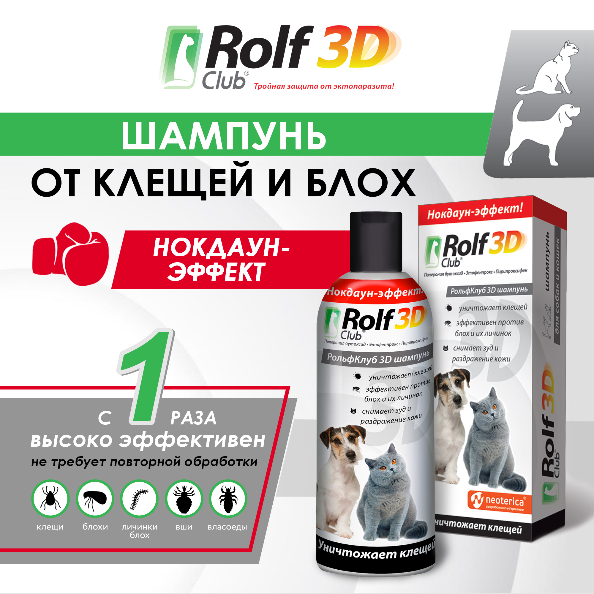 Шампунь для кошек и собак RolfClub3D от клещей и блох 200мл - фото 2