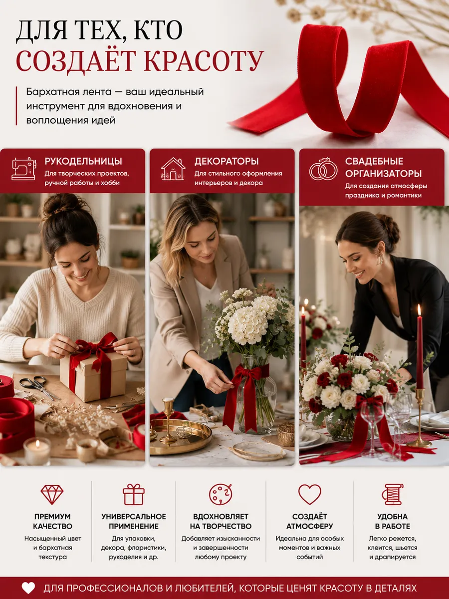 Лента для рукоделия и упаковки Magic 4 Hobby темно-красный 10 мм 22.86 м - фото 3