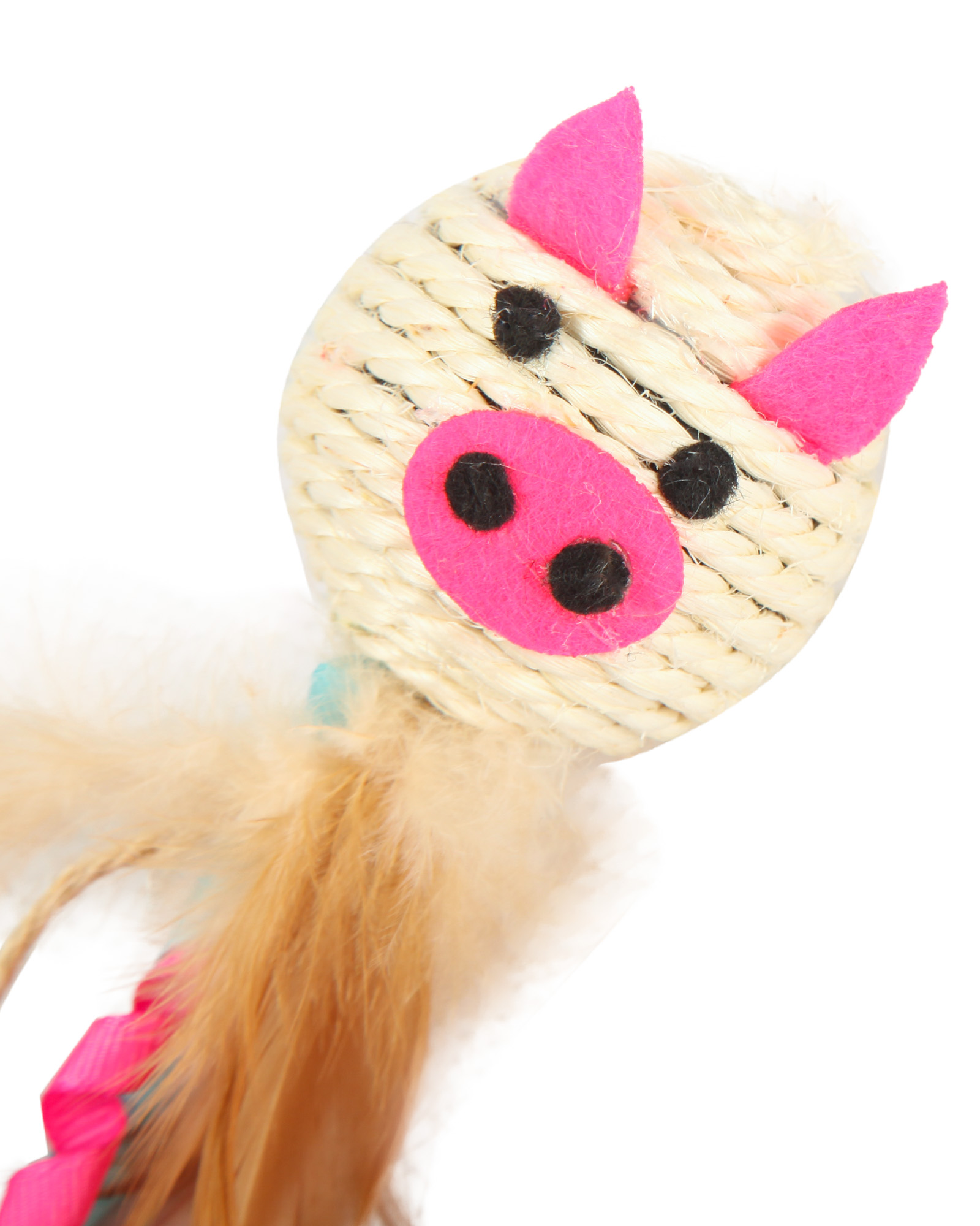 Игрушка для кошек Barbaks Свинка Ленточка с кошачьей мятой. бубенчиком и натуральными перьями 17*4.5см - фото 2