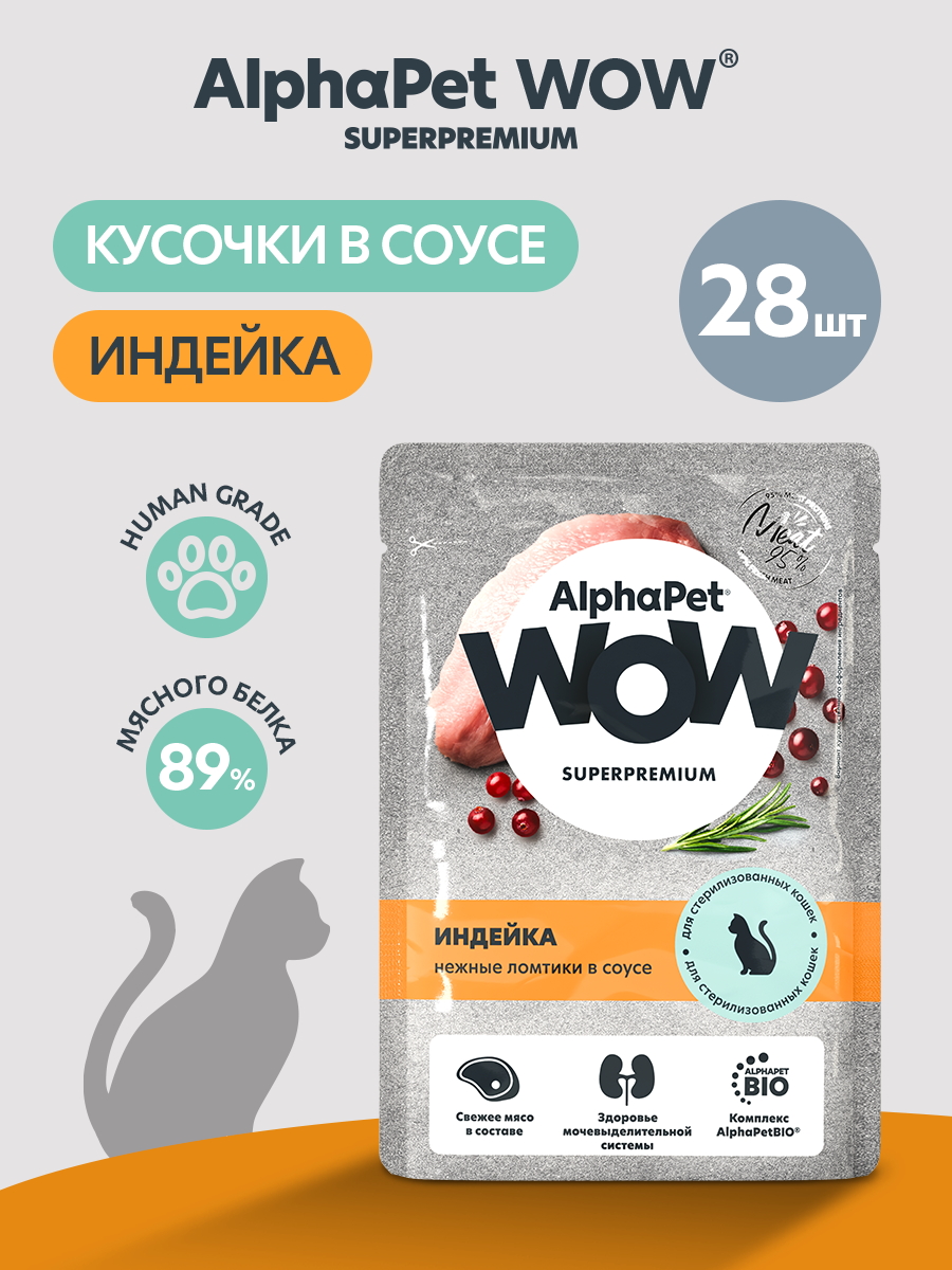 Пауч 28 шт Влажный полнорационный корм AlphaPet для взрослых стерилизованных кошек индейка нежные ломтики в соусе 85 г - фото 1