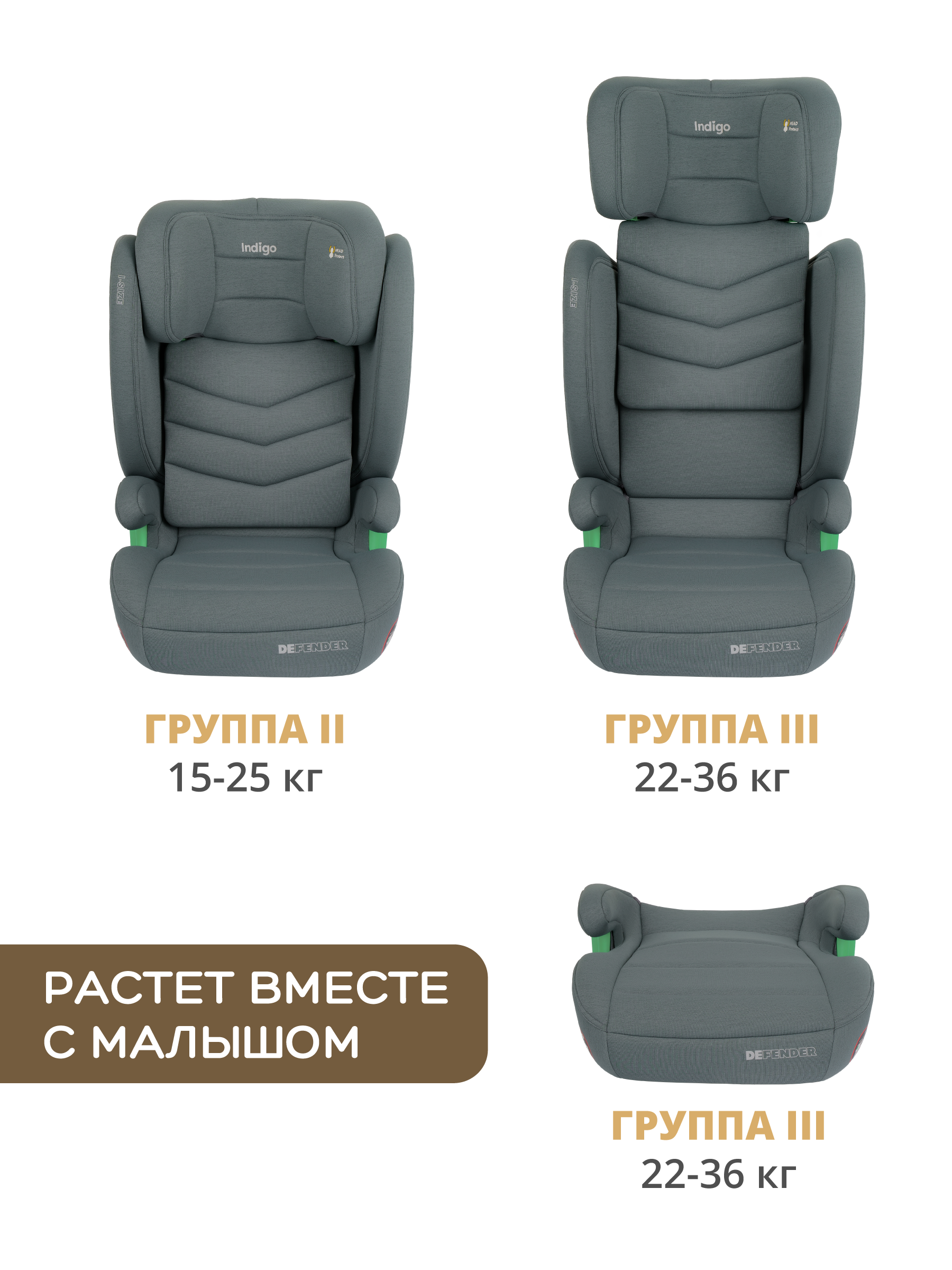 Автокресло Indigo DEFENDER, I-SIZE, зеленый Isofix 2/3 (15-36 кг) зеленый - фото 11