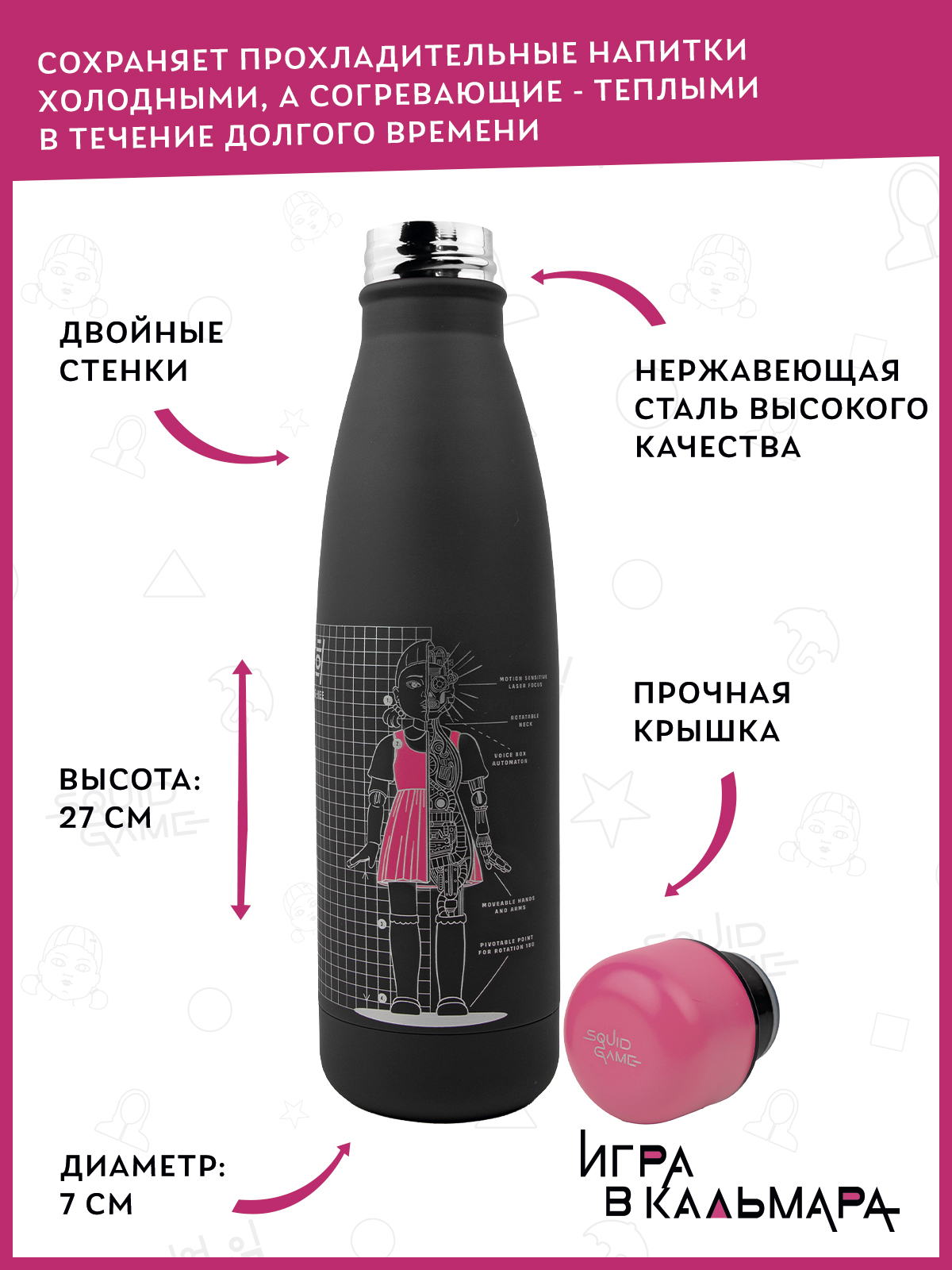 Термобутылка Squid Game Игра в кальмара Черный чертеж Ён-Хи 500 мл - фото 3